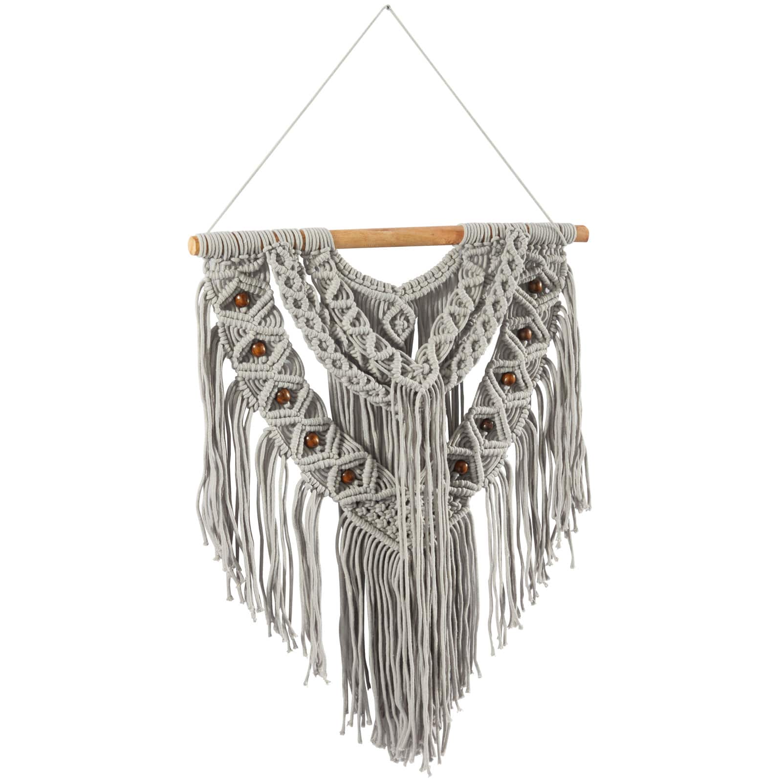 Gray Cotton Handmade Intricately Weaved Macrame Wall Decor with Beaded Fringe Tassels 32" x 1" x 42"