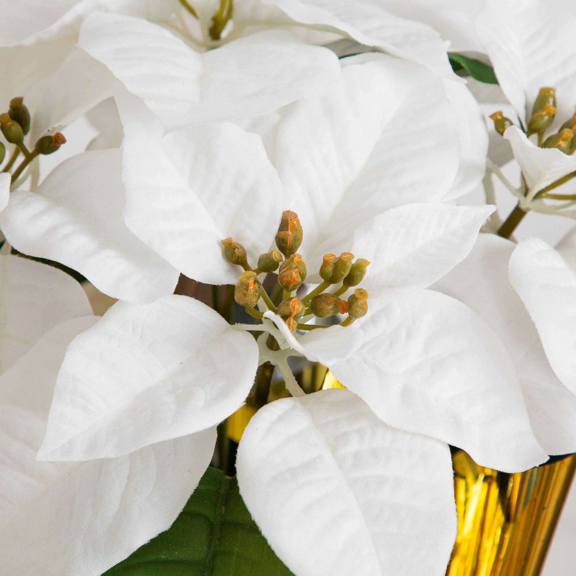 Nearly Natural 13" White Artificial Velvet Poinsettia Arrangement in Gold Wrapped Planter
