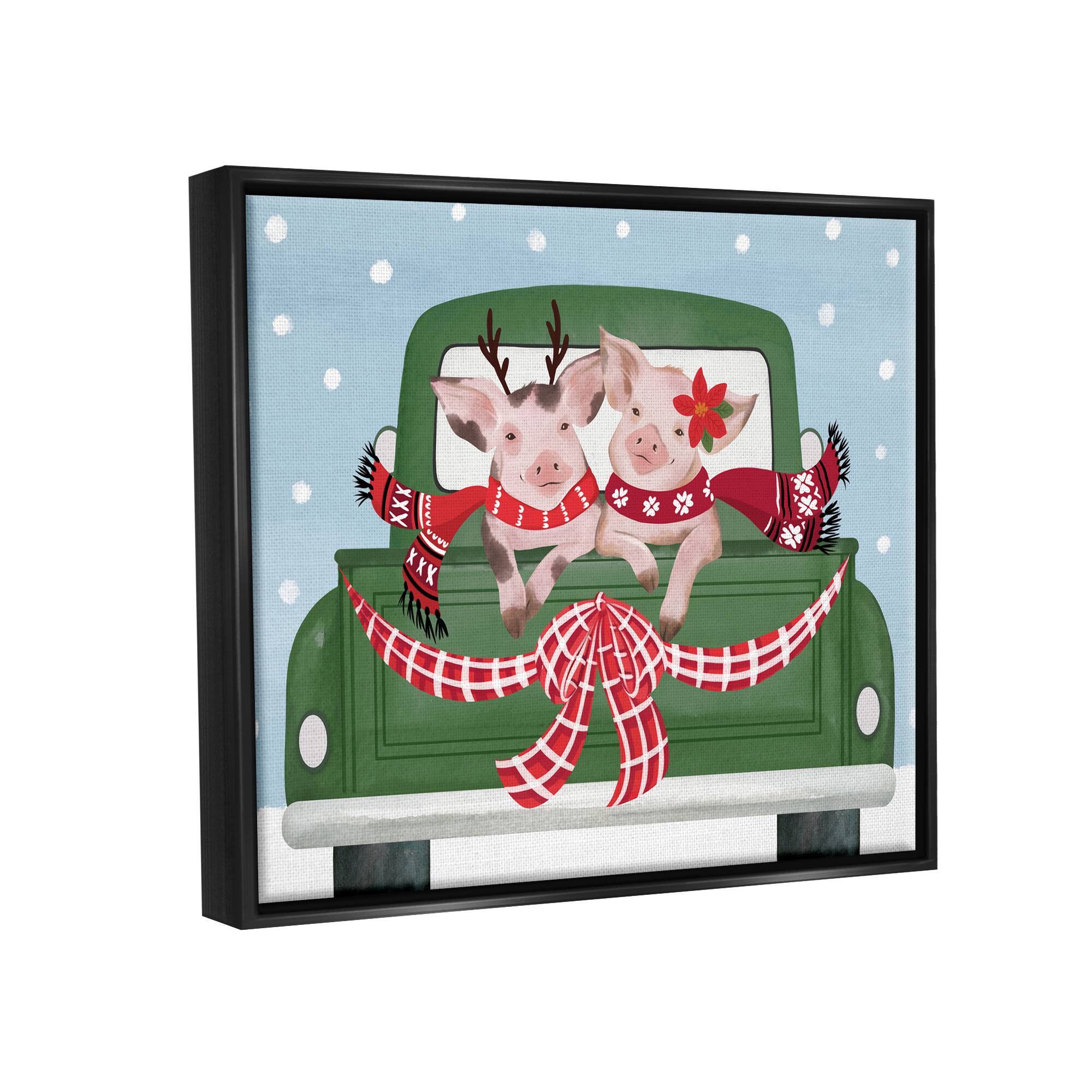 Stupell Industries Farmhouse Pigs Green Holiday Truck Framed Floater Canvas Wall Art