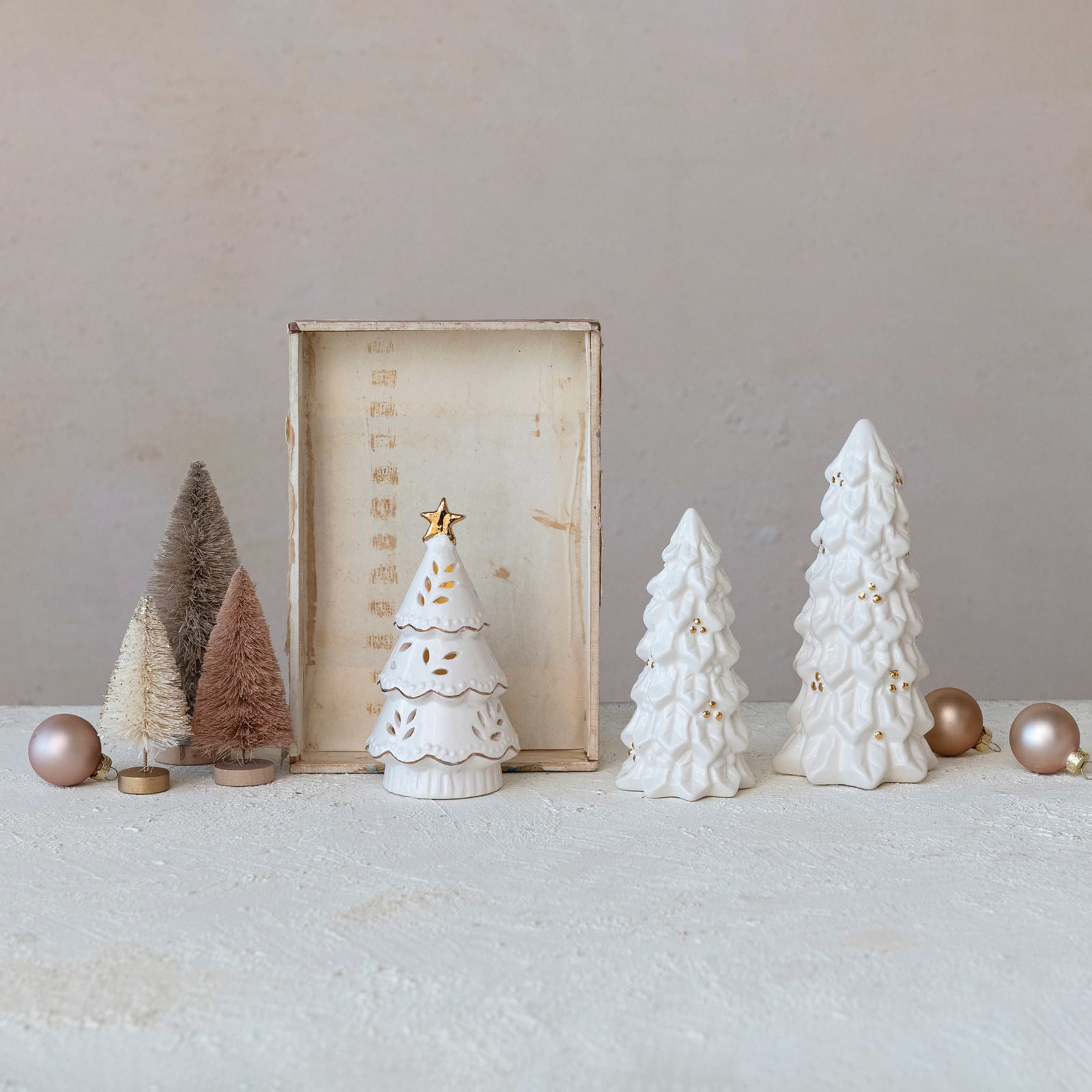 Hello Honey® Cream LED Stoneware Christmas Trees with Gold Electroplating Set