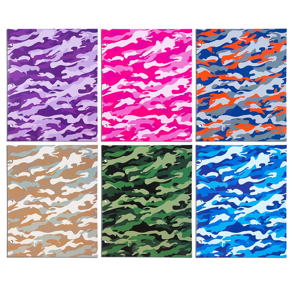JAM Paper Camo Glossy Laminated Two Pocket 3 Hole Punch School Folders, 6ct.