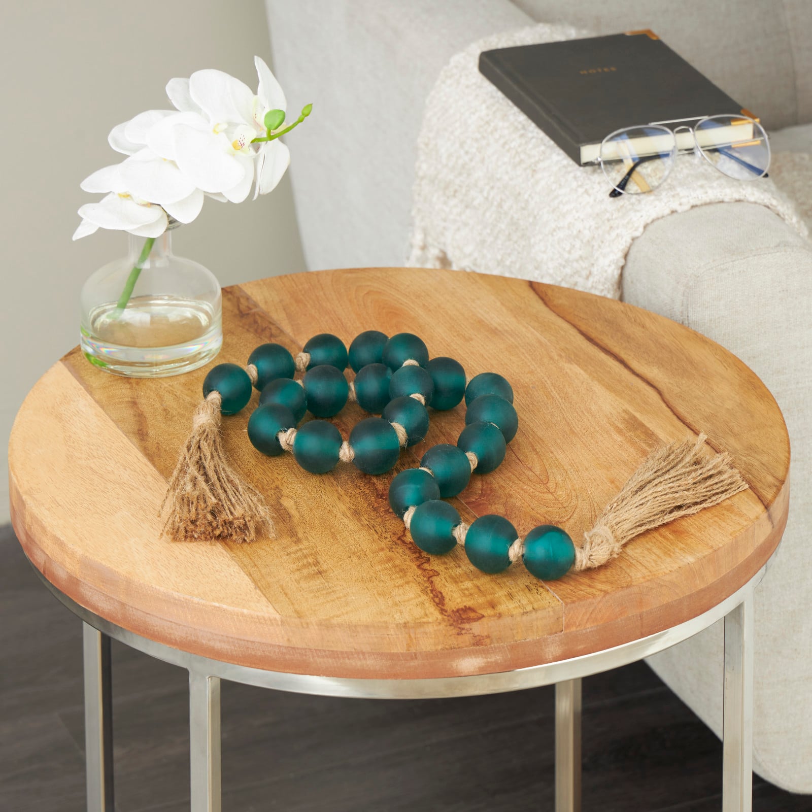 45" Handmade Round Frosted Glass Bead Garland with Tassels & Knotted Jute