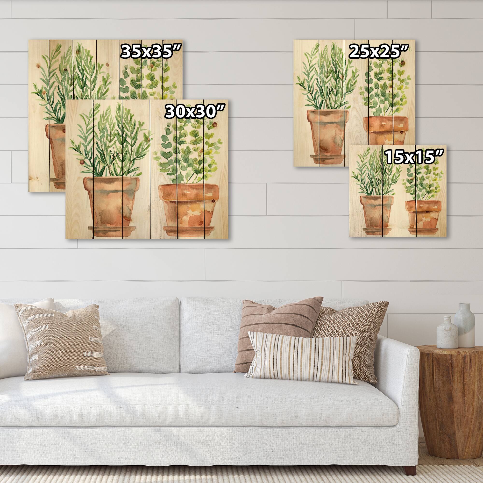 Designart - Two Green House Plants In Orange Flower Pots - Traditional Print on Natural Pine Wood