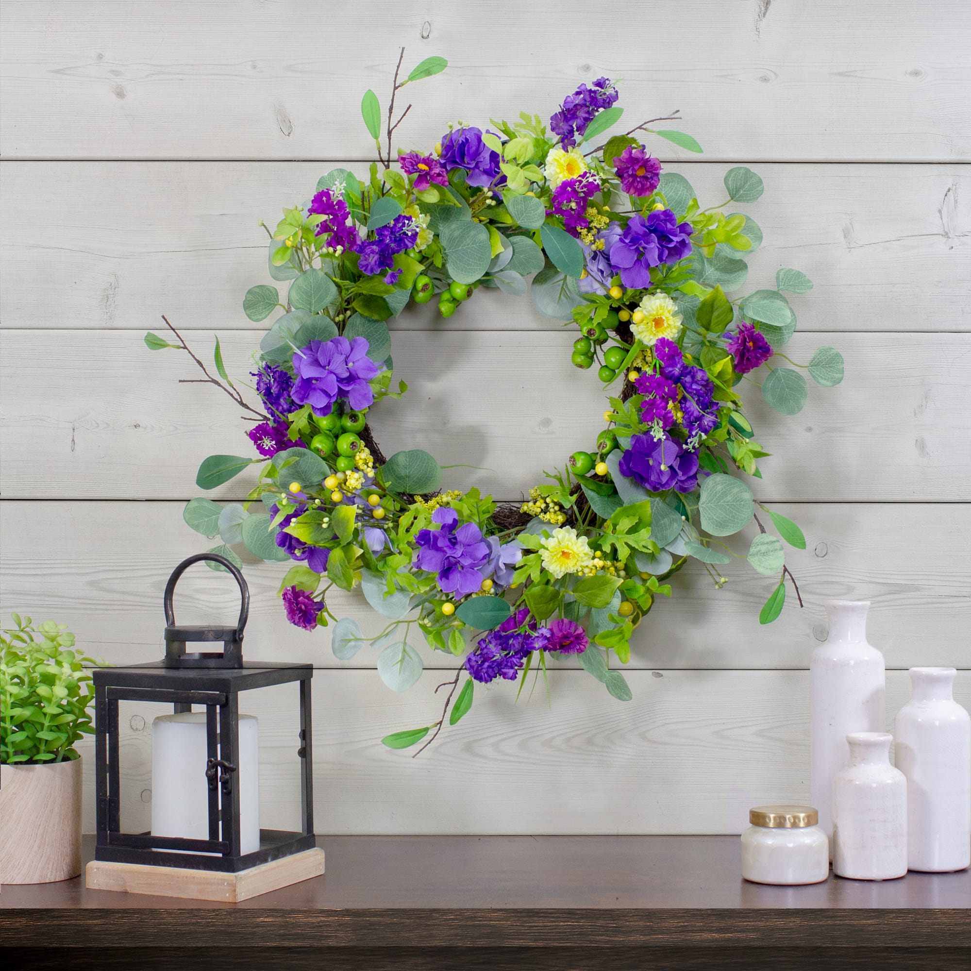 23" Purple & Yellow Eucalyptus & Hydrangea Floral Berry Spring Wreath