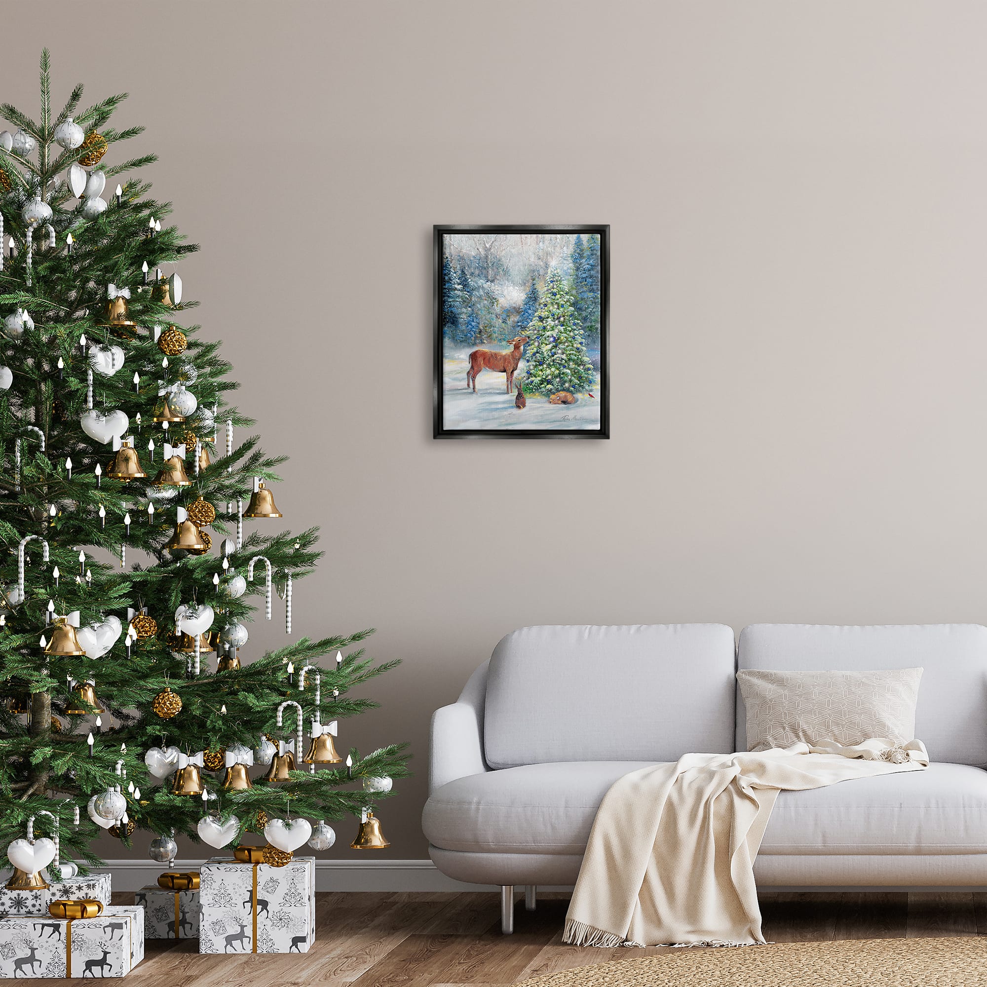 Stupell Industries Winter Woodland Animals Tree Framed Floater Canvas Wall Art