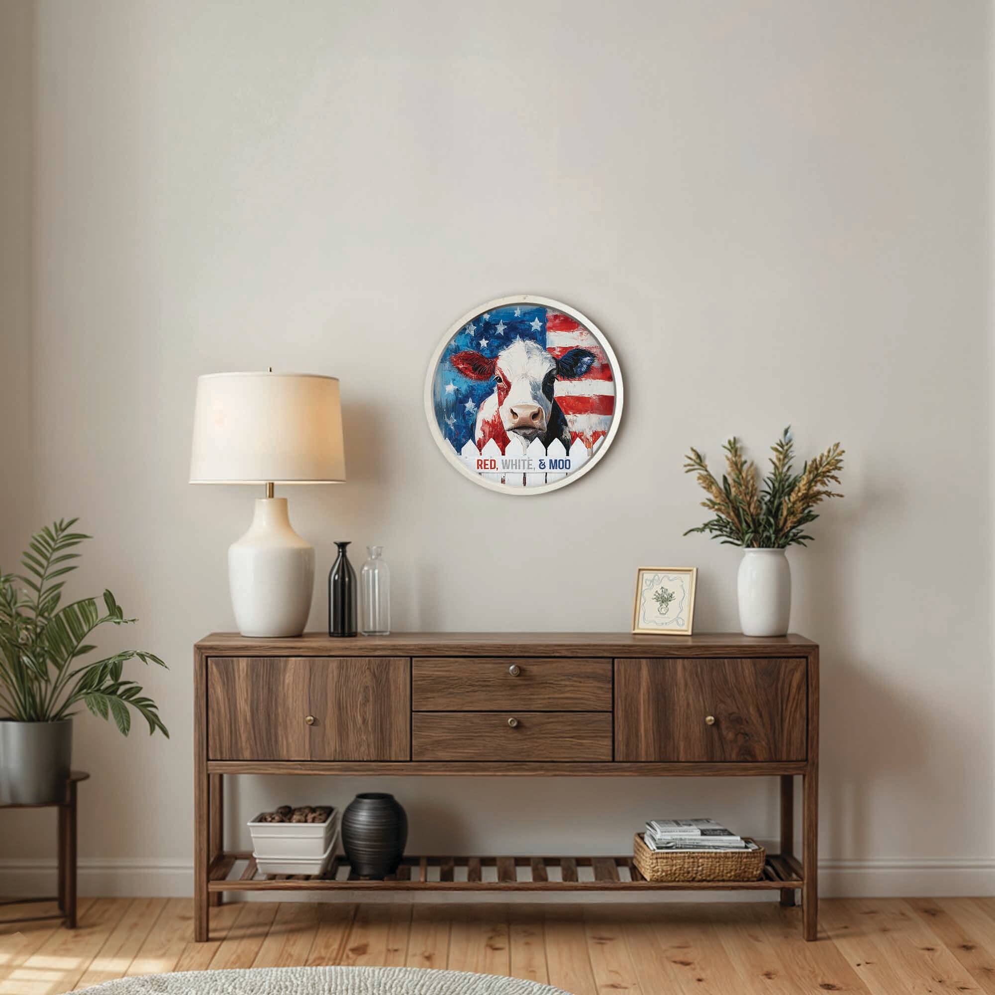 20" x 20" Red, White & Moo Round Framed Print