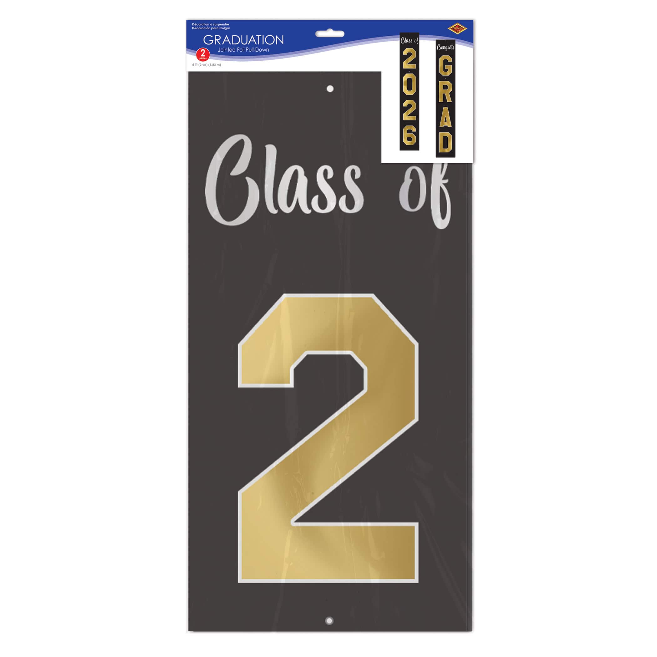 Beistle 6ft. Black & Gold Jointed Foil Graduation Pull-Down Cutouts, 2ct.