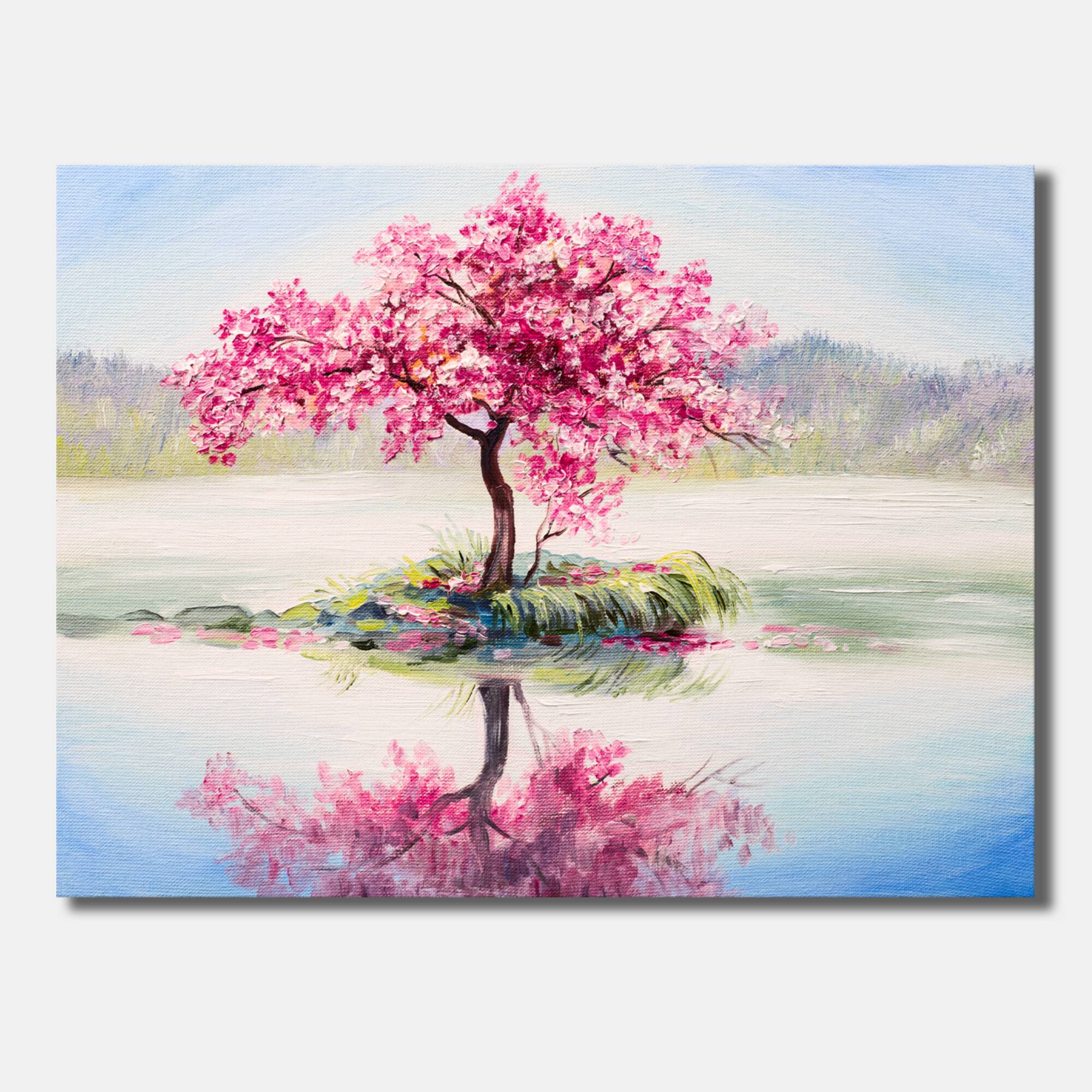 Designart - Japanese Cherry Blossom Tree On Little Idyllic IsLand - Farmhouse Canvas Wall Art Print