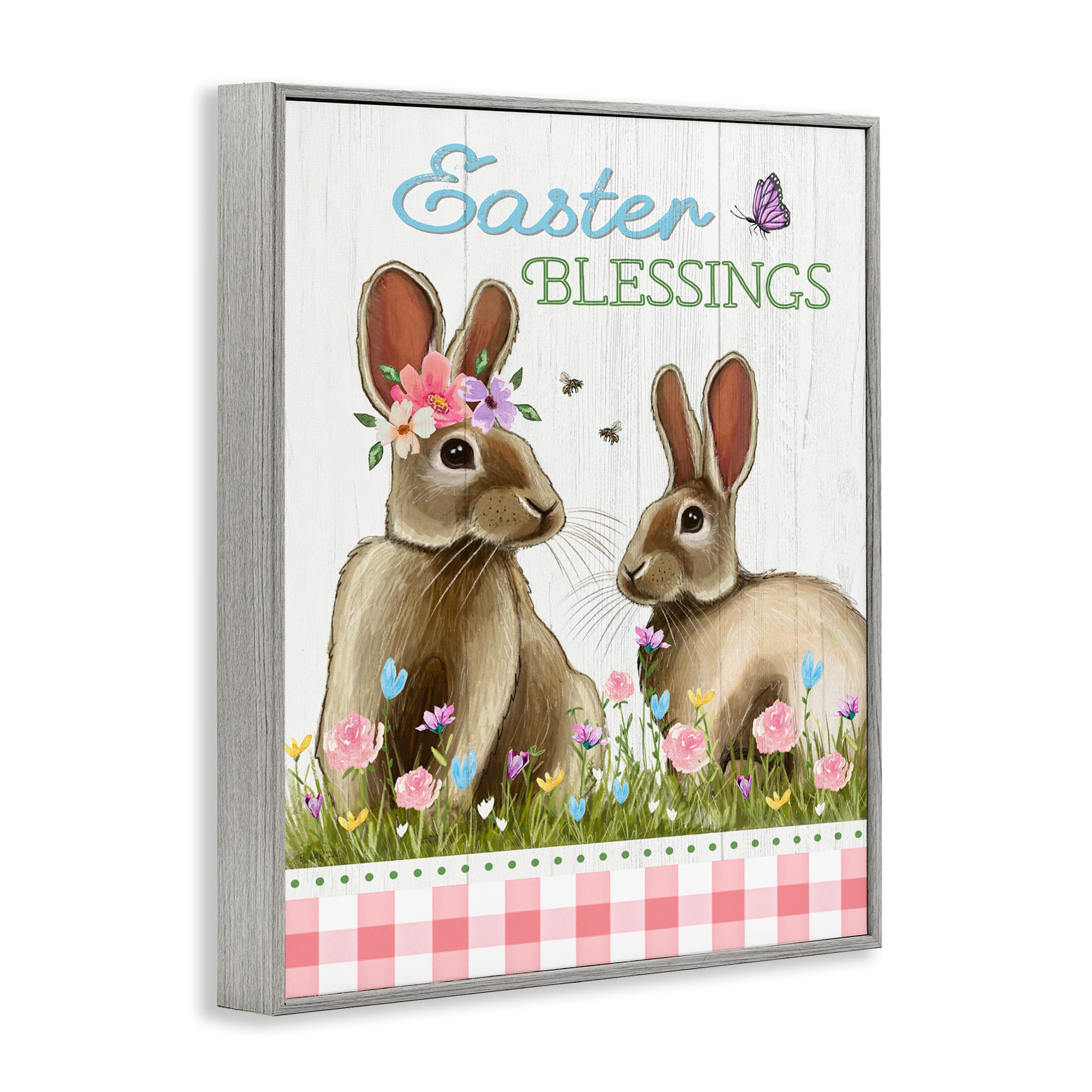 Stupell Industries Easter Blessings Gingham Spring Bunnies Framed Giclee Art