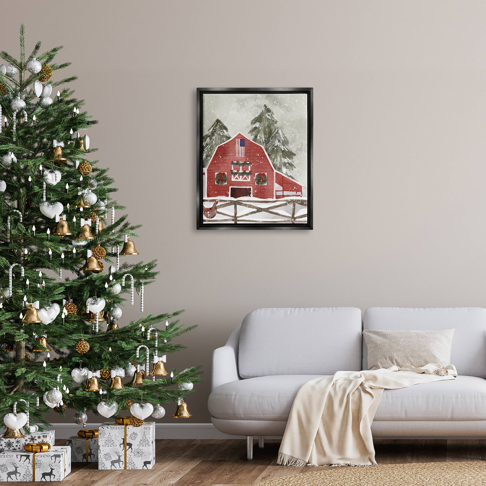 Stupell Industries Americana Barn Holiday Snow Scene Framed Floater Canvas Wall Art