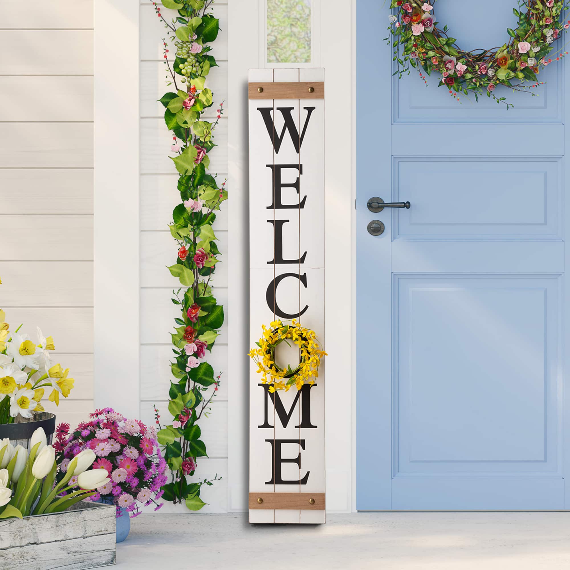 Glitzhome® 5ft. White Welcome Wood Porch Sign with 4 Changeable Wreaths