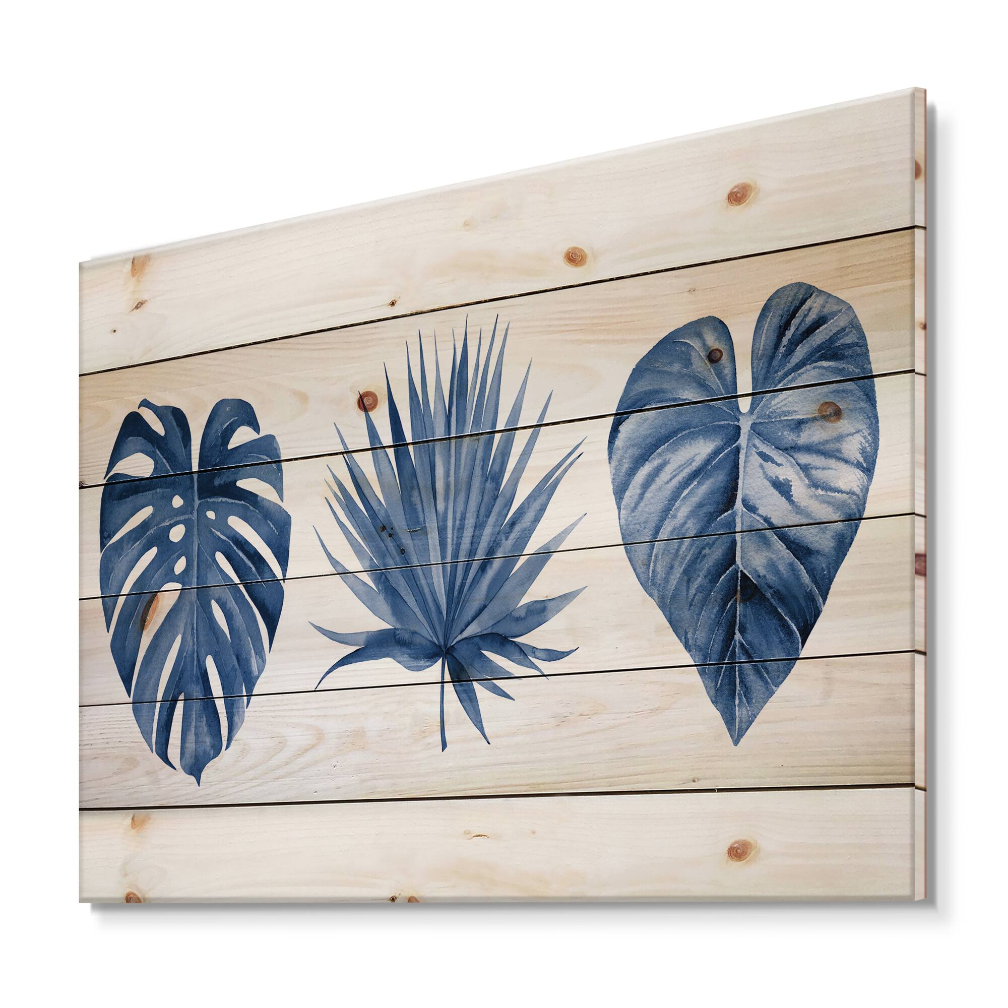 Designart - Classic Blue Tropical Leaves - Tropical Print on Natural Pine Wood