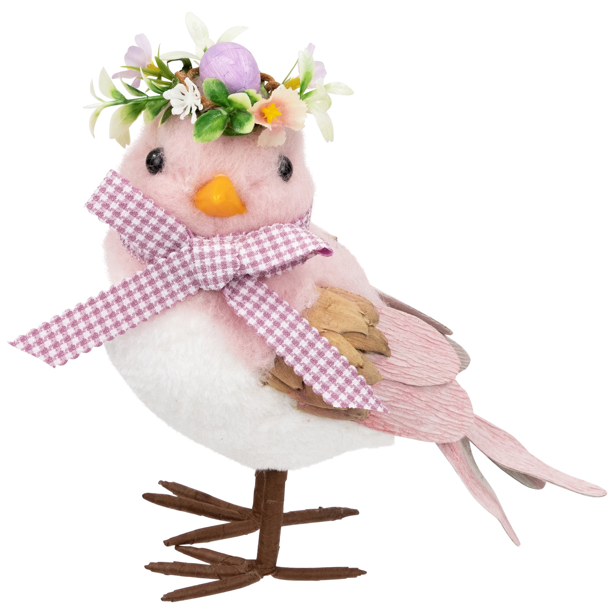 7.75" Pink Plush Bird Easter Accent with Gingham Bow