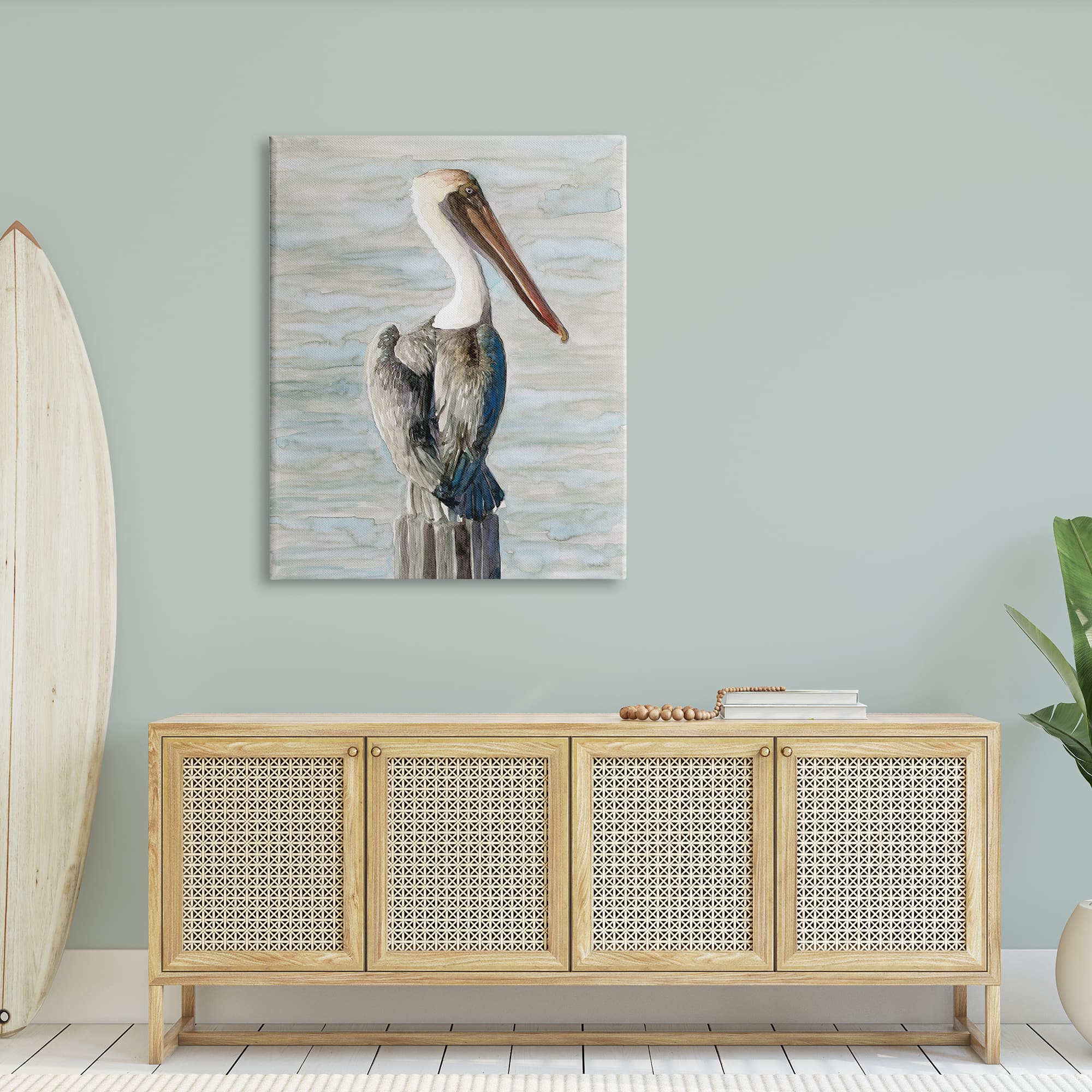 Stupell Industries Long Beak Pelican Watercolor Painting Coastal Waterfowl Bird Canvas Wall Art