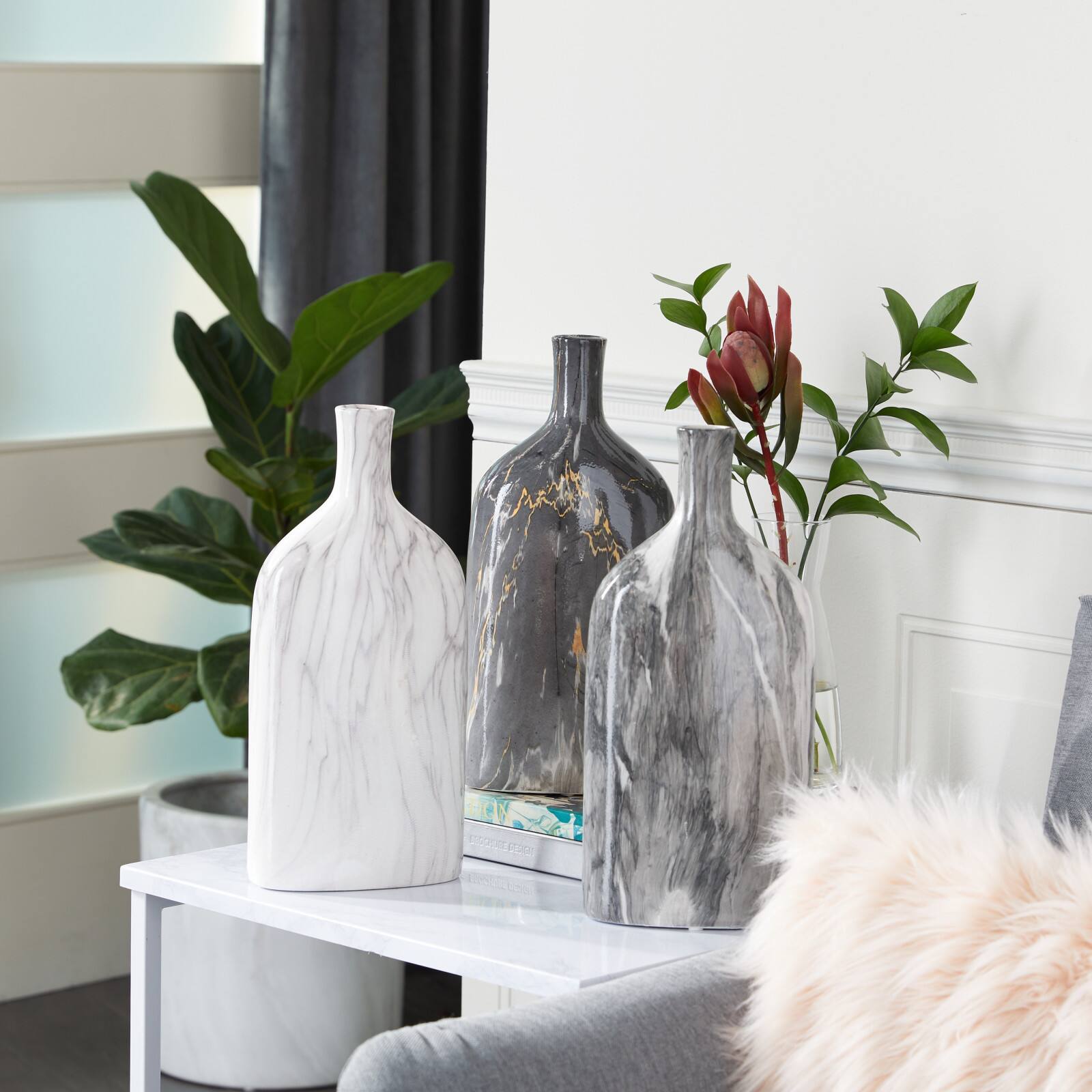13" Gray Stoneware Contemporary Vase Set