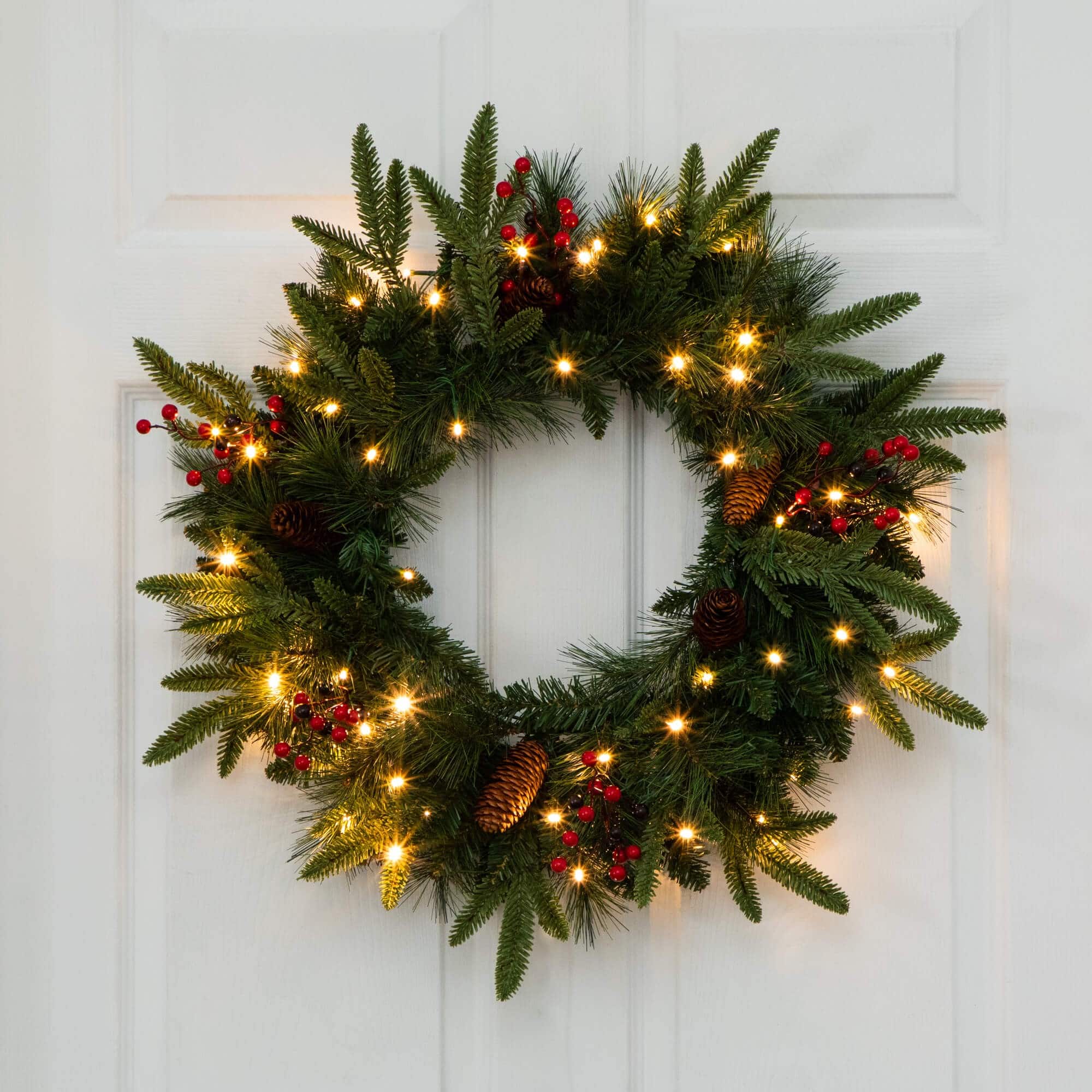 5 Piece Pre-Lit Norfolk Pine Artificial Tree, Garland and Wreath Set with Warm White LED Lights and Decorative Pots