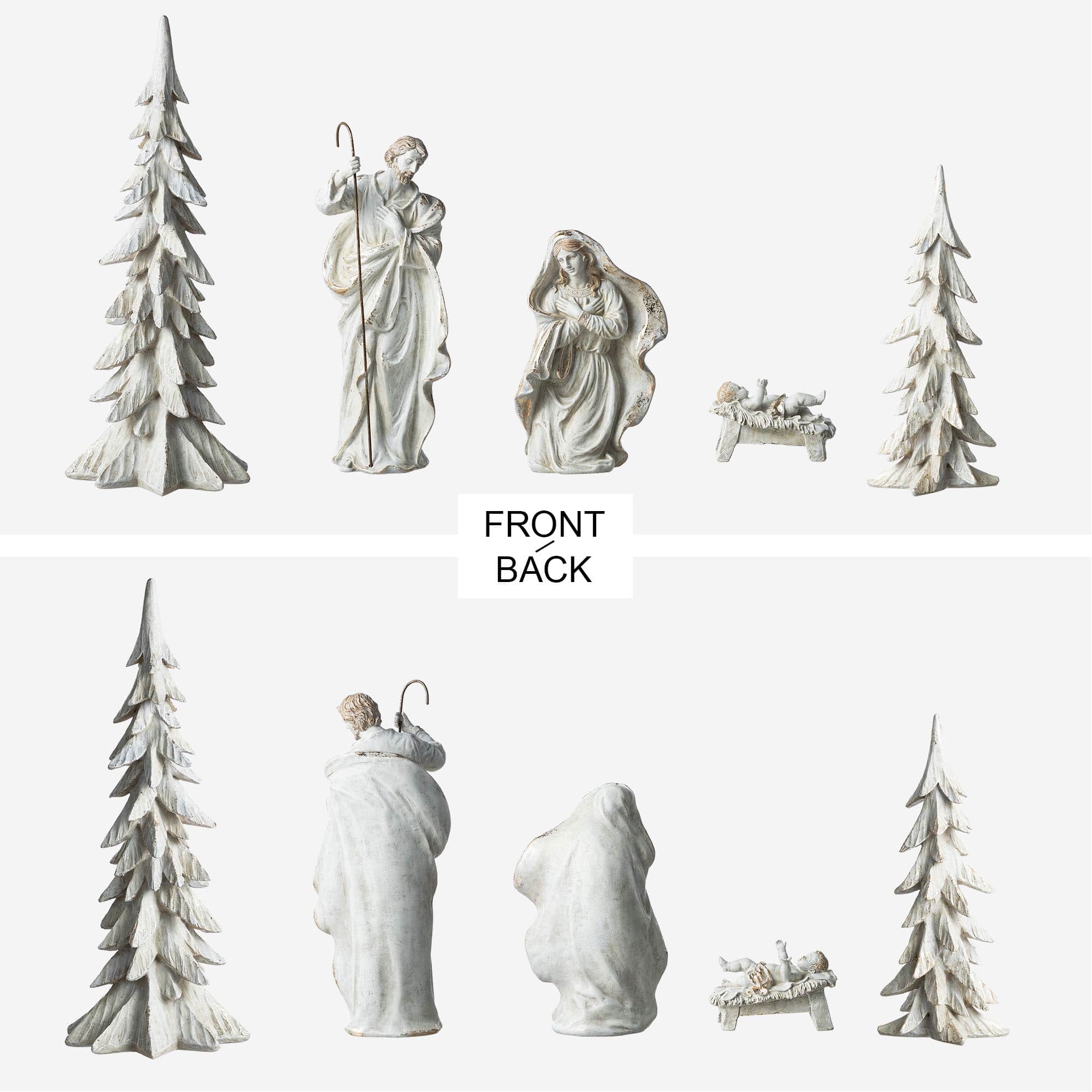 Glitzhome® 5-Piece White & Gold Resin Holy Family with Christmas Trees Set