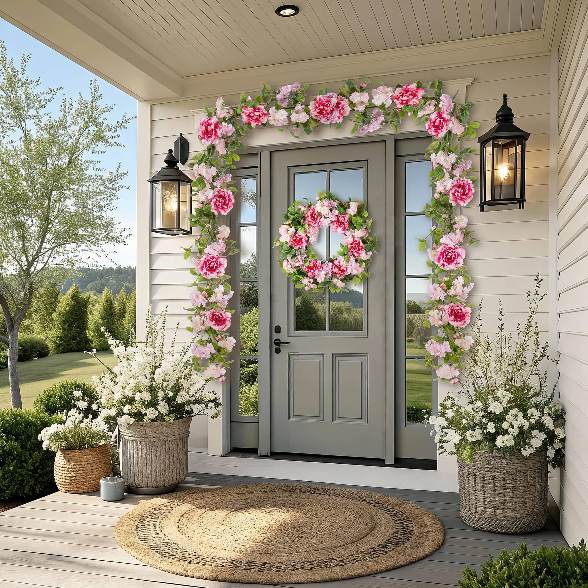 Glitzhome® 24" Pink Hydrangea, Peony & Cherry Blossom Wreath with Black Metal Hanger
