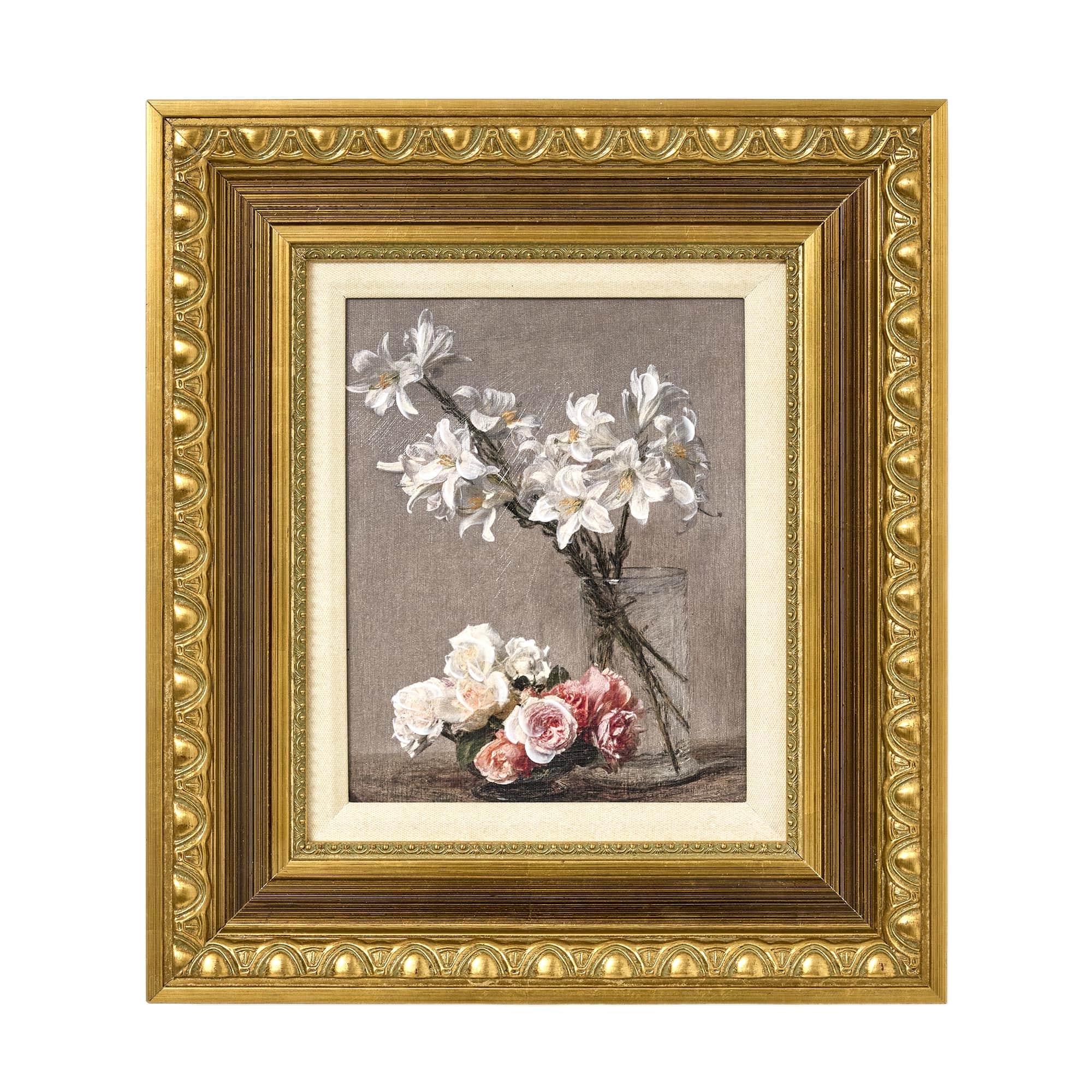 American Art Decor Ornate Framed Roses and Liles Canvas Print by Henri Fantin-Latour - 14.75" x 16.75"