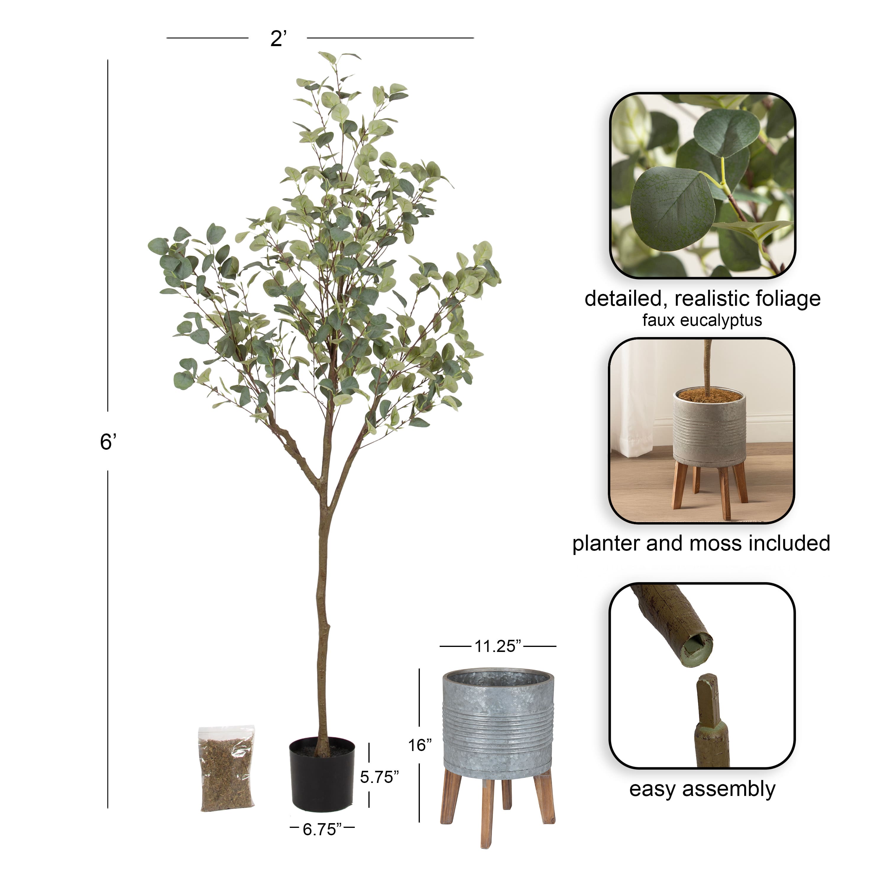 Kate and Laurel 6ft. Eudora Faux Eucalyptus Tree in Gavri Wood & Metal Planter