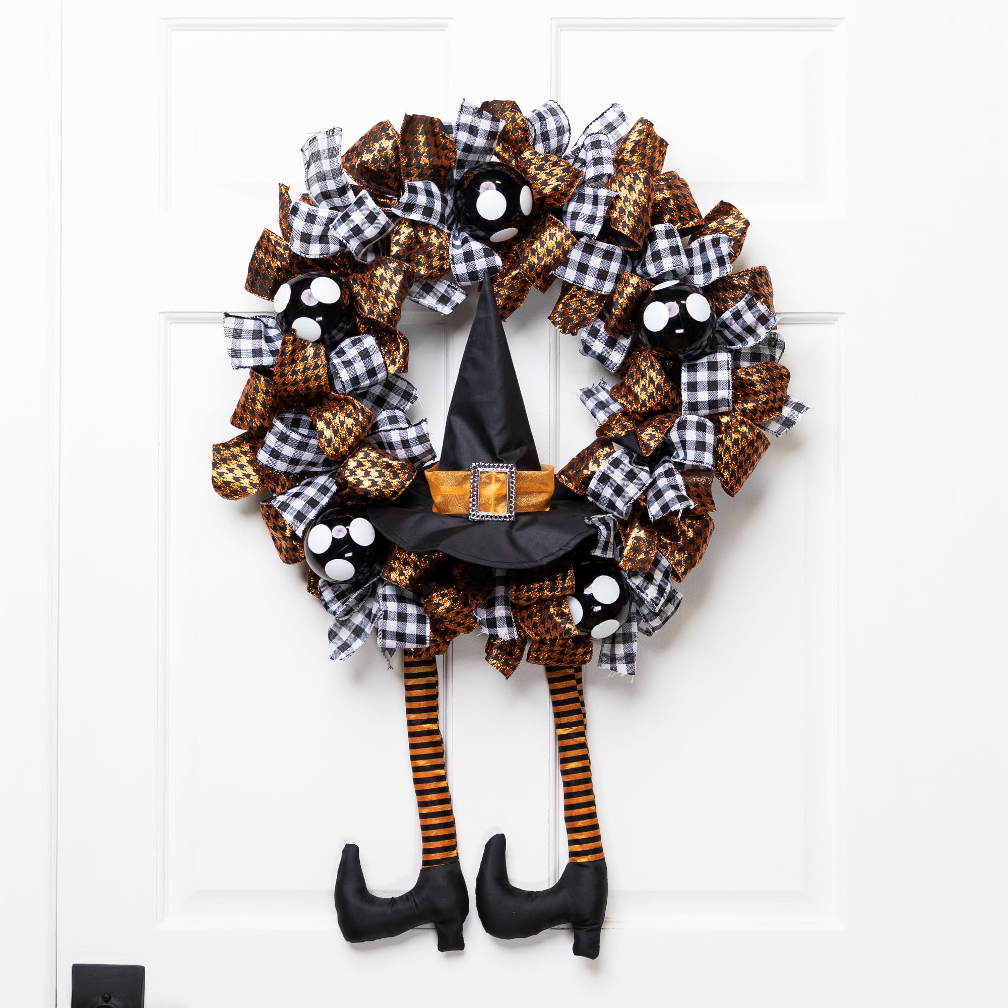 24'' Unlit Orange and Black Witch with Bows Halloween Wreath