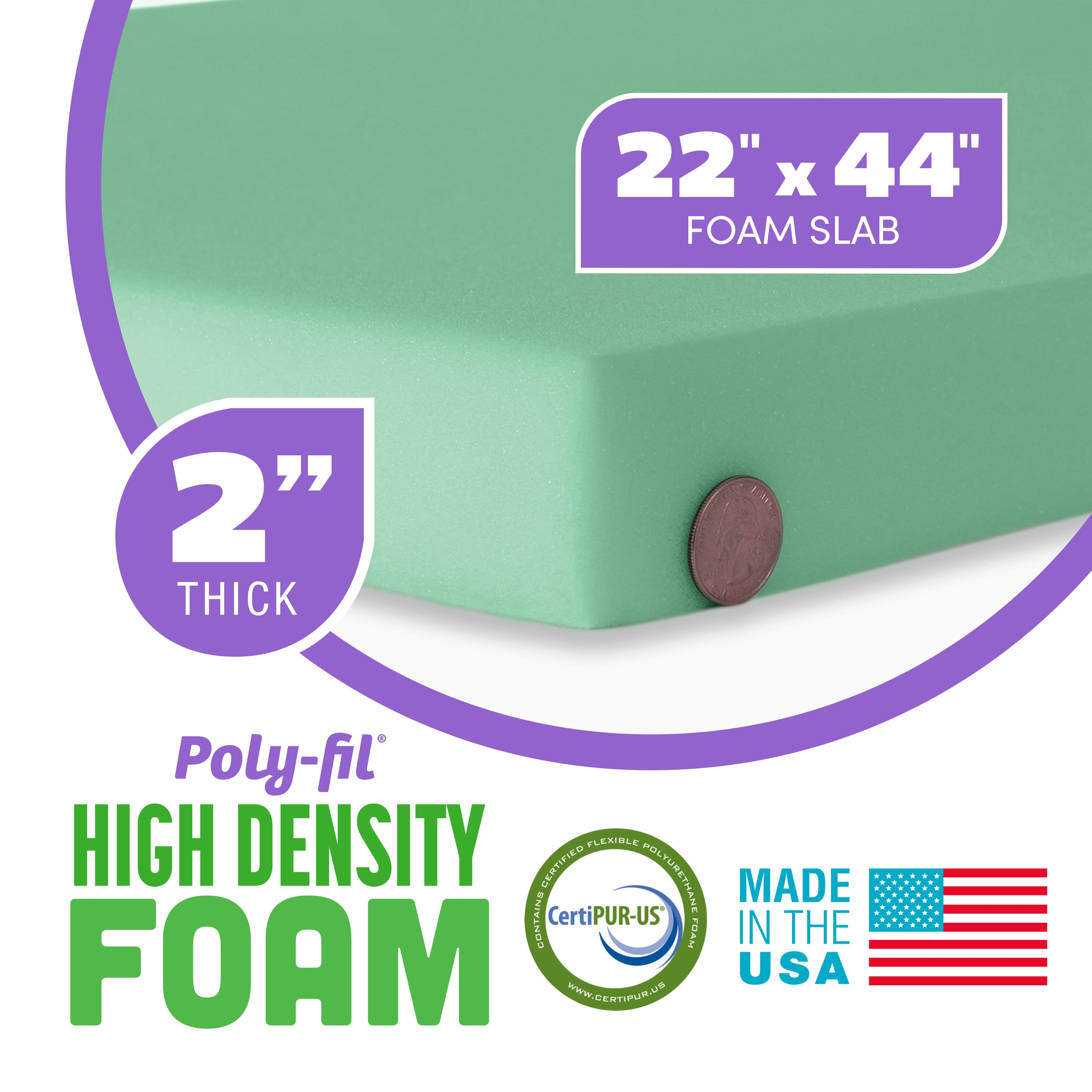 6 Pack: Poly-Fil® 2" High Density Foam, 22" x 44"