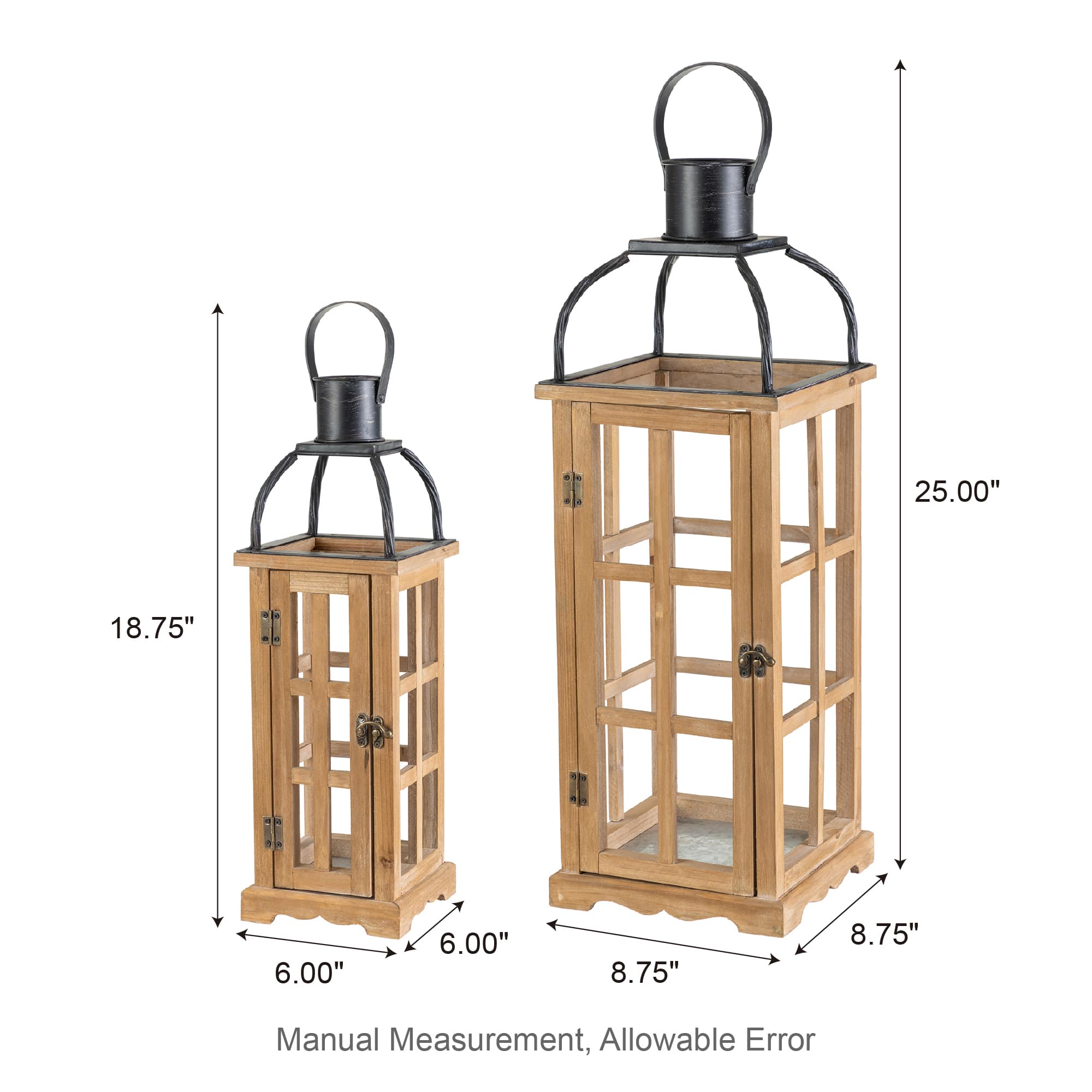 Glitzhome® Farmhouse Natural Wood & Black Metal Lantern Set