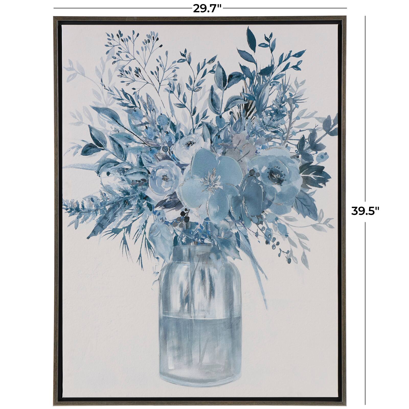30" x 40" Blue Canvas Floral Bouquet Framed Wall Art with Silver Frame