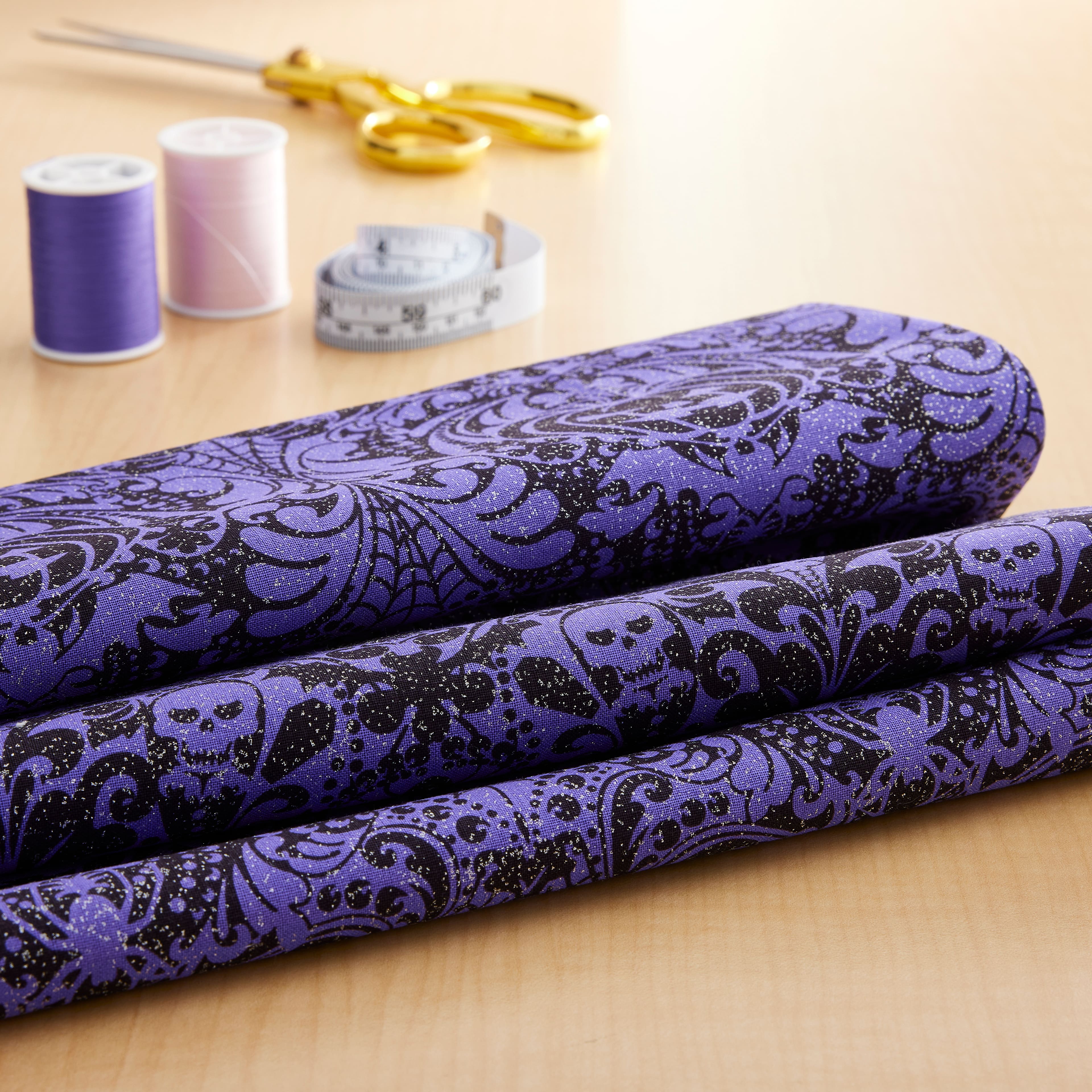 Fabric Traditions Halloween Purple Glitter Gothic Scroll Home Décor Fabric