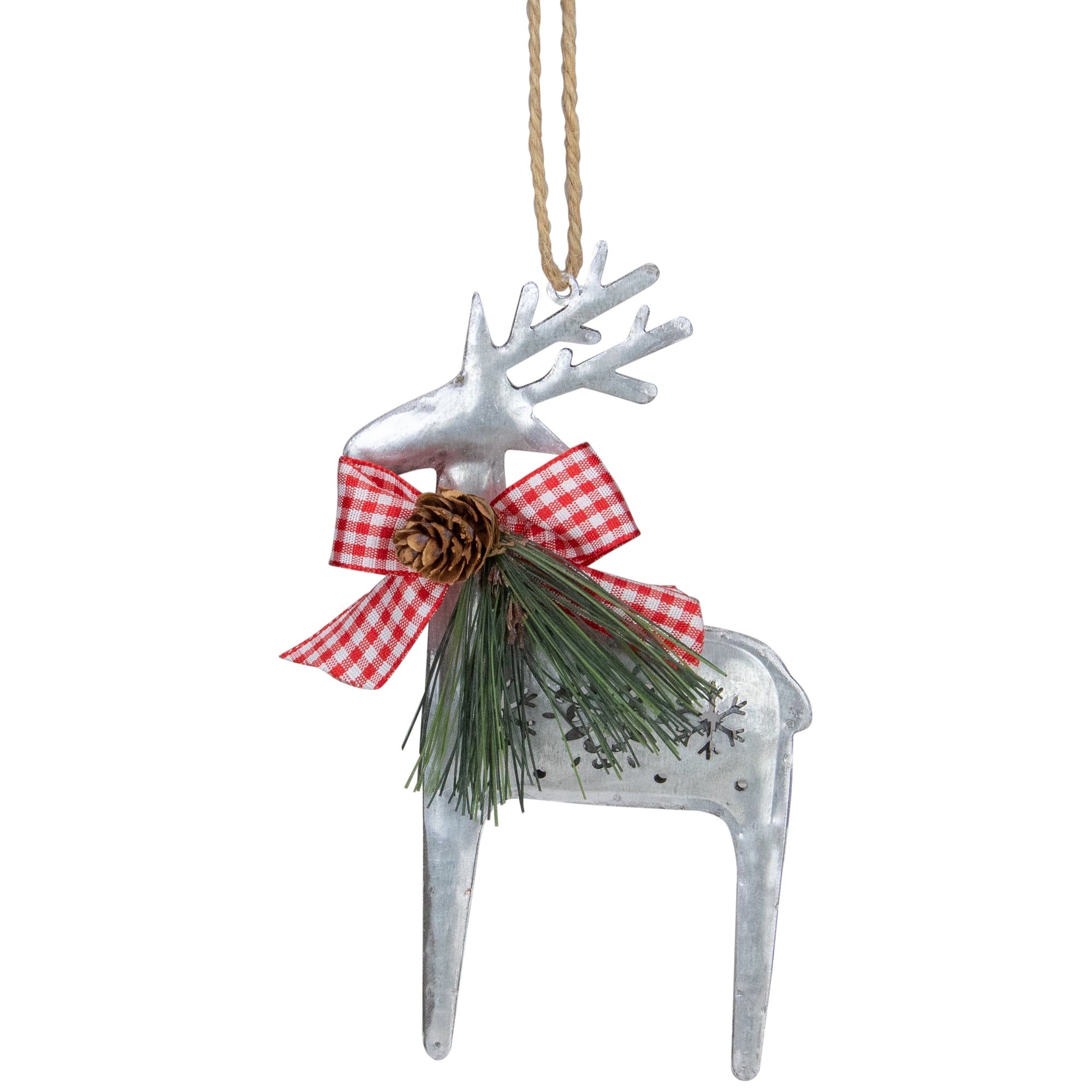 6.25" Silver Metal Reindeer Christmas Ornament With Red Gingham Bowtie & Pine