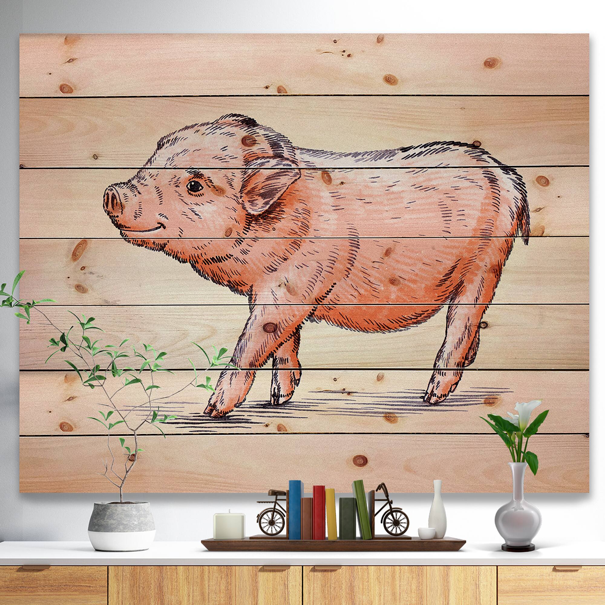 Designart - Happy Pig Portrait in Brush Painting - Farmhouse Animal Painting Print on Natural Pine Wood