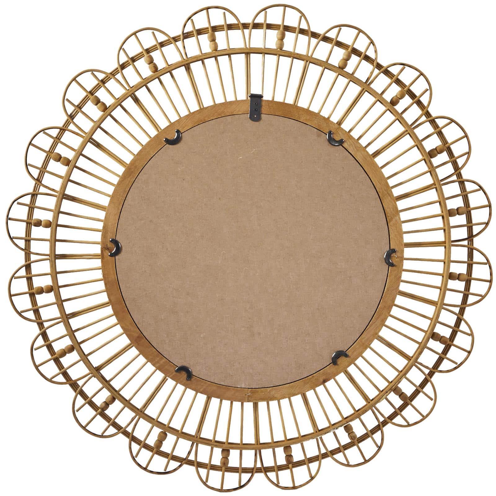 35" Brown Handmade Bamboo Woven Wall Mirror with Beaded Accents