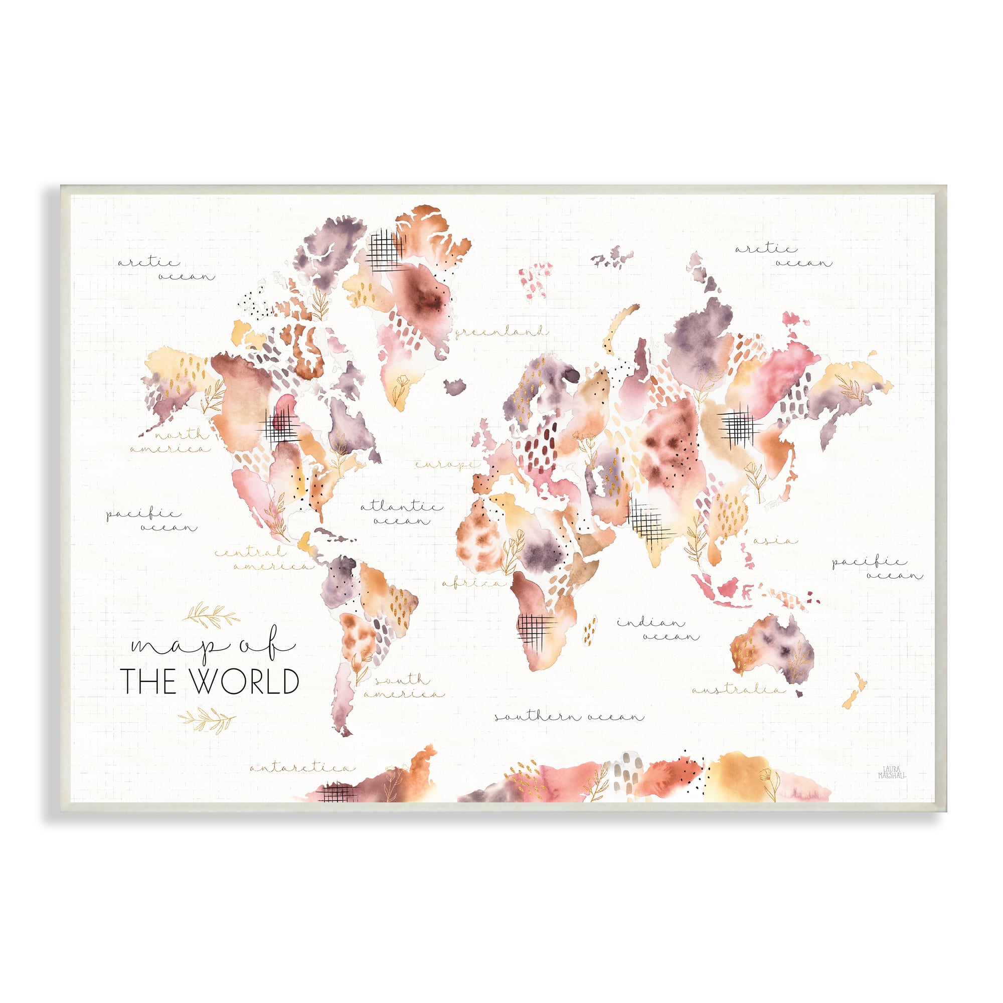 Stupell Industries Abstract Floral World Map Watercolor Pink Purple Wall Plaque