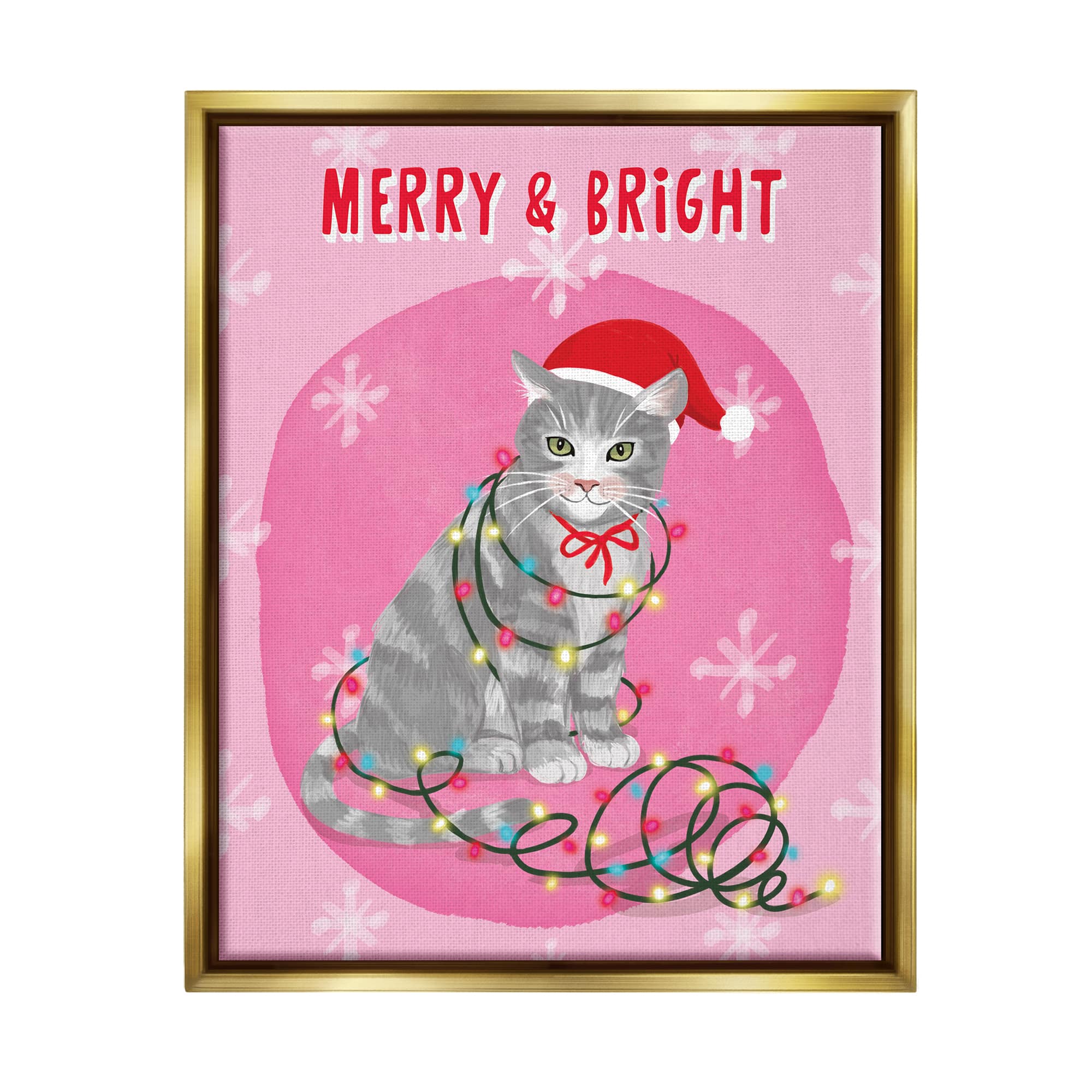 Stupell Industries Merry & Bright Christmas Cat Lights Framed Floater Canvas Wall Art