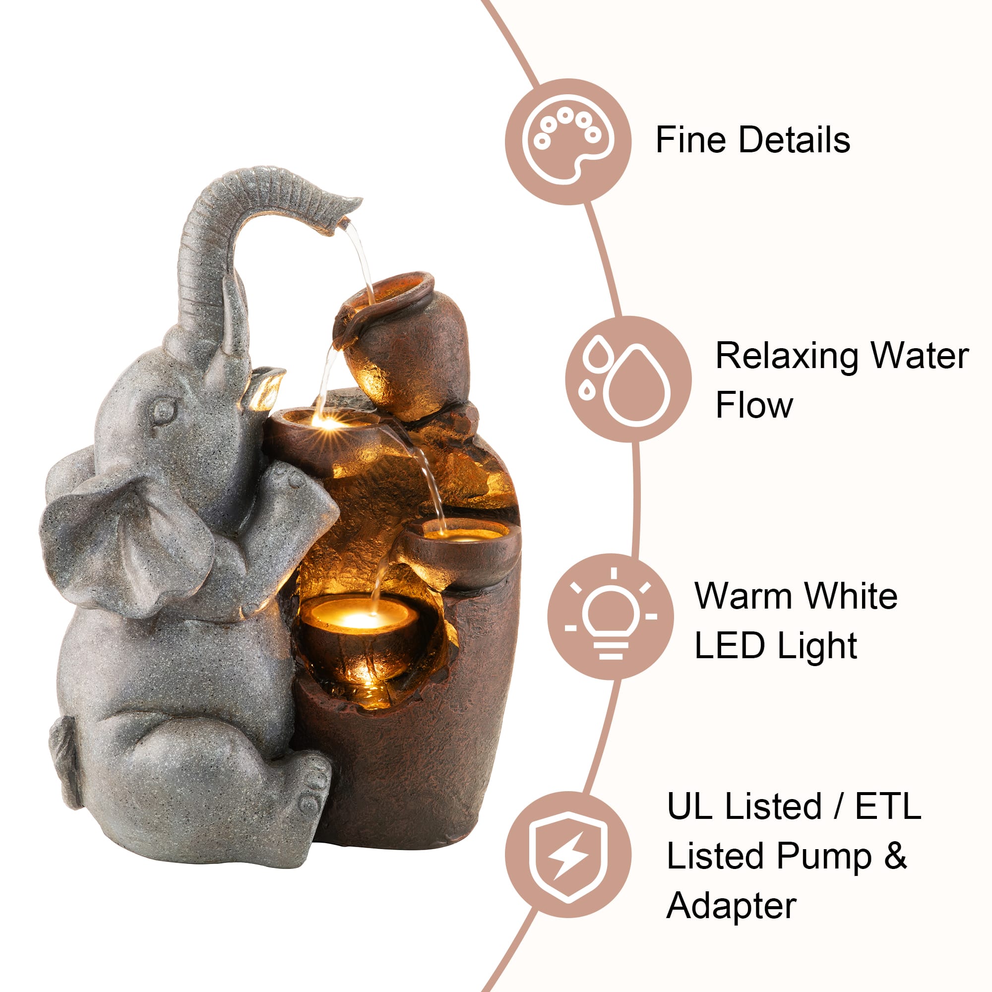 Glitzhome® 18.5" LED 4-Tier Elephant & Pot Outdoor Fountain