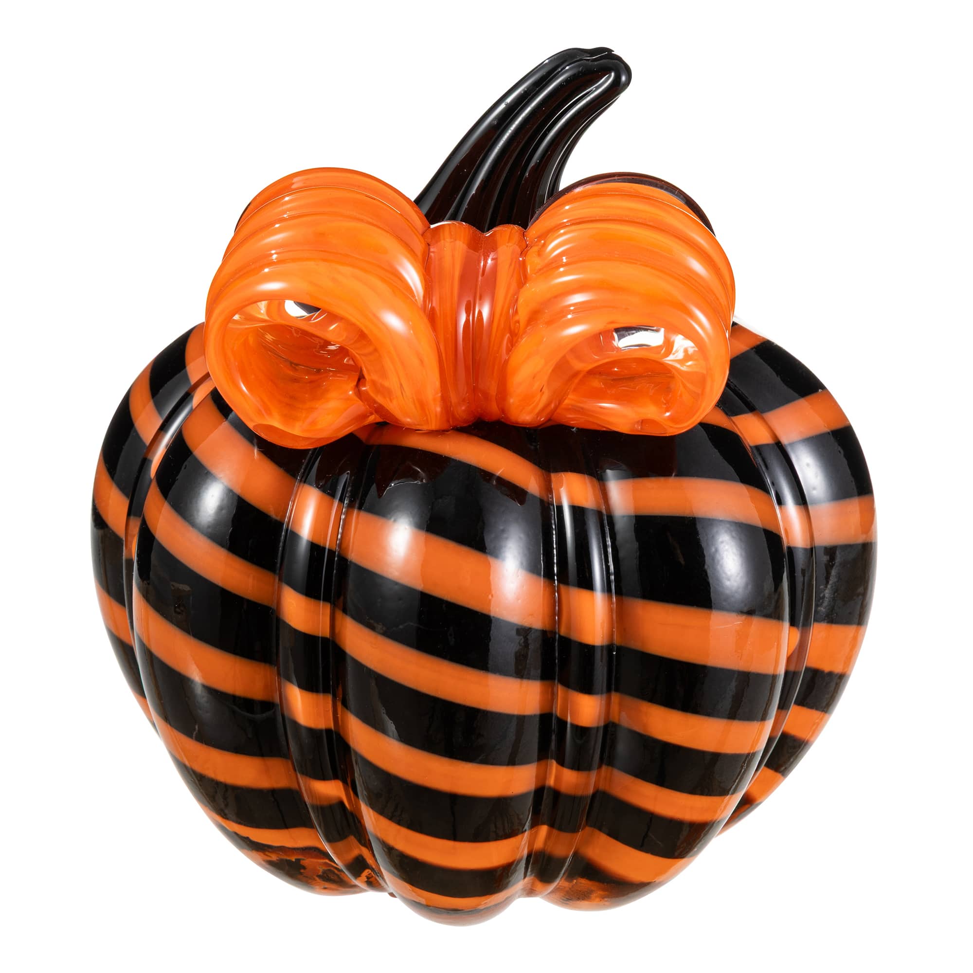 Glitzhome® 4.75" Halloween Striped Glass Pumpkin with Bow