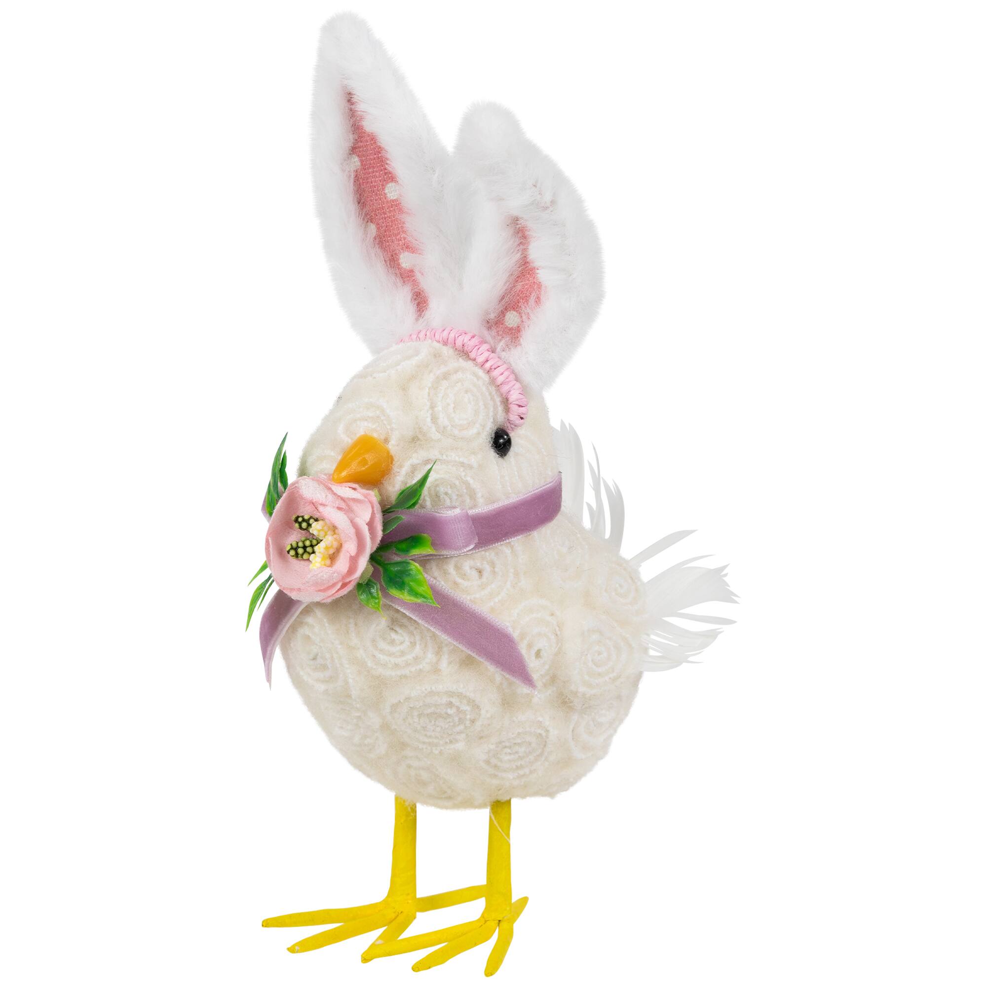 8.75" Floral Easter Chick Accent with Polka Dot Faux Fur Rabbit Ears