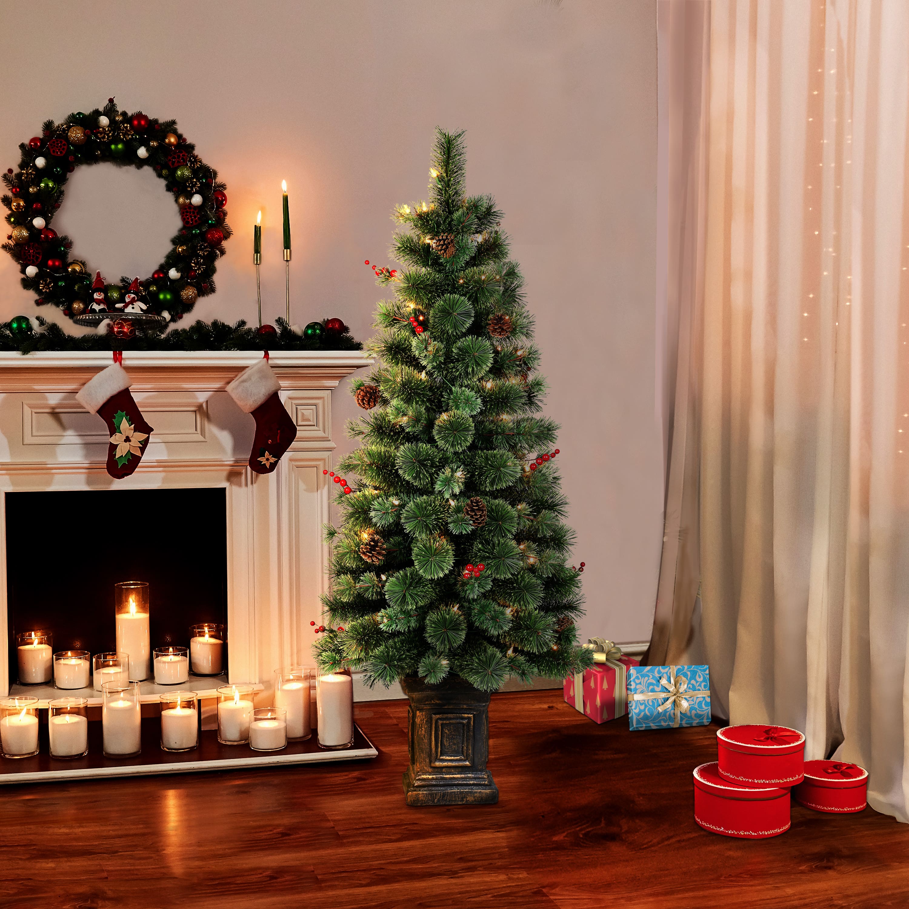 6 Pack: 4.5ft. Pre-Lit Natural Pine Artificial Christmas Tree in Decorative Planter, Clear Lights