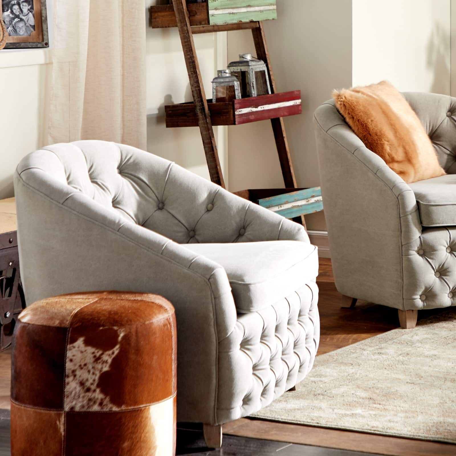 16" Brown Wood & Leather Farmhouse Ottoman