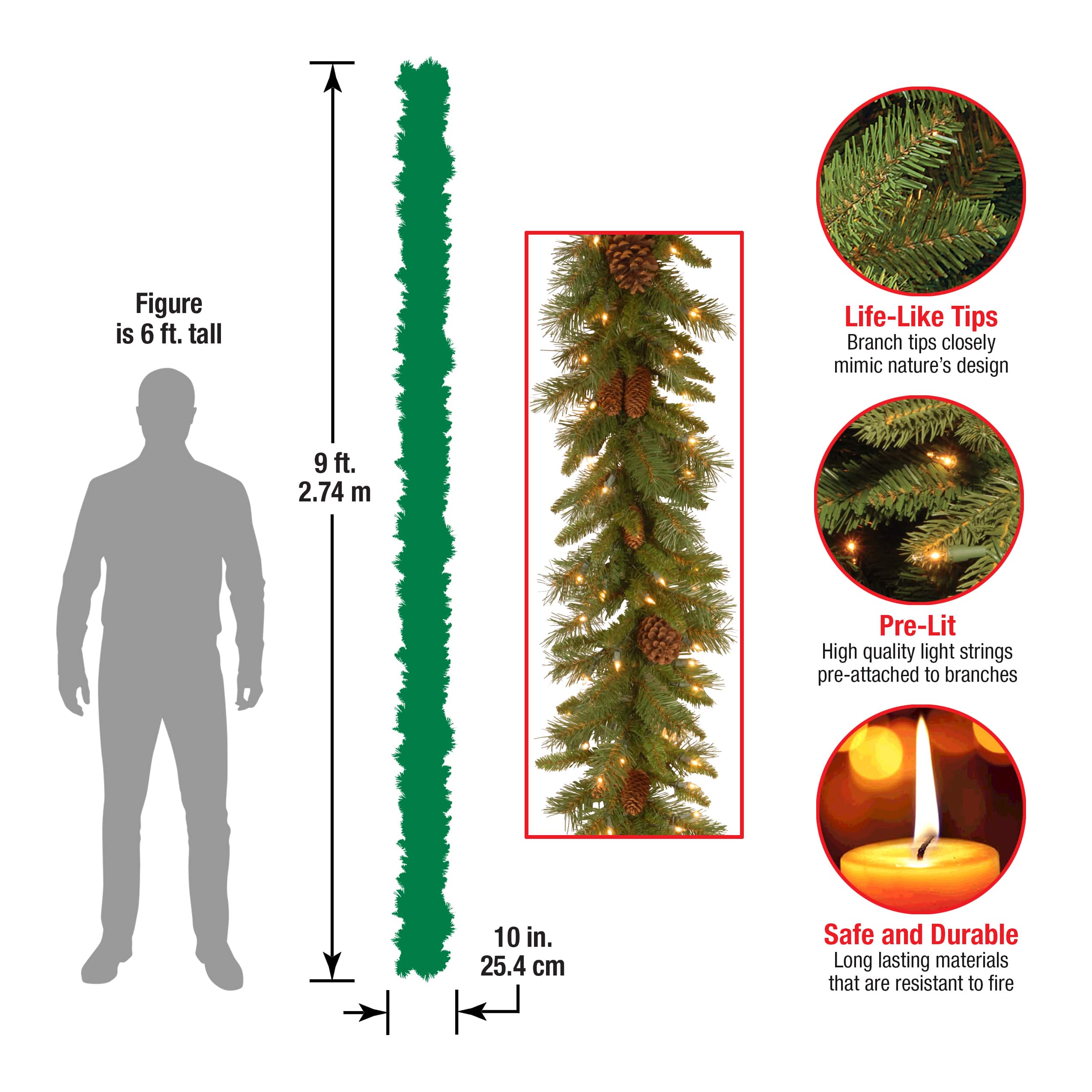 9' x 10" Pre-lit Pine Cone Artificial Christmas Garland with 50 Clear Lights-UL