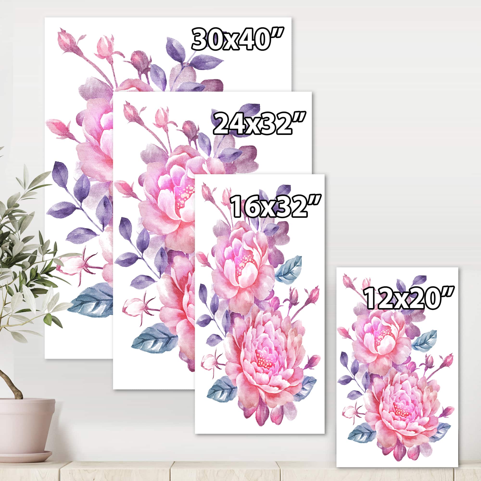 Designart - Pink Retro Flowers With Blue Leaves - Traditional Canvas Wall Art Print
