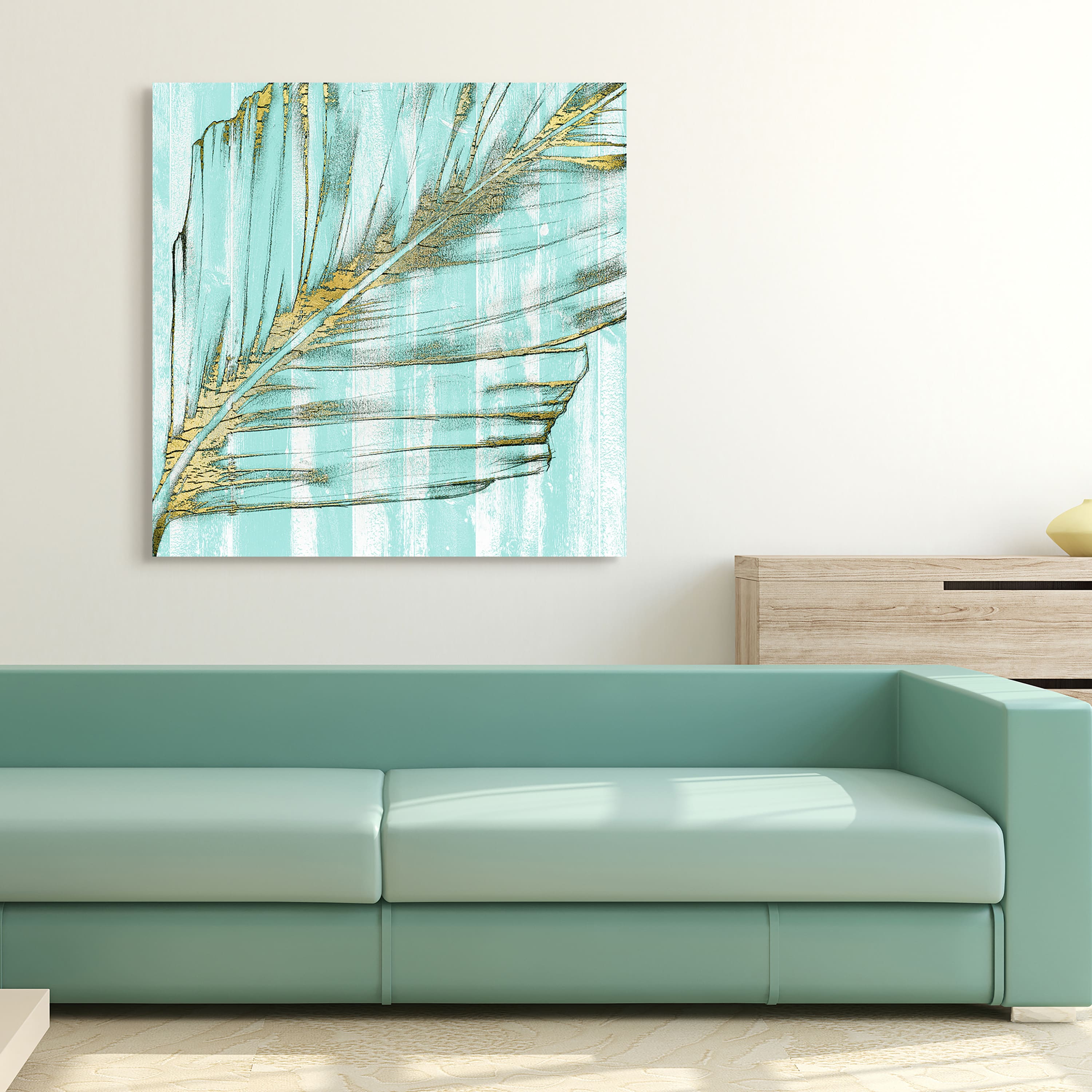 Empire Art Direct 38" x 38" Beach Frond in Gold I Frameless Free Floating Tempered Glass Wall Art