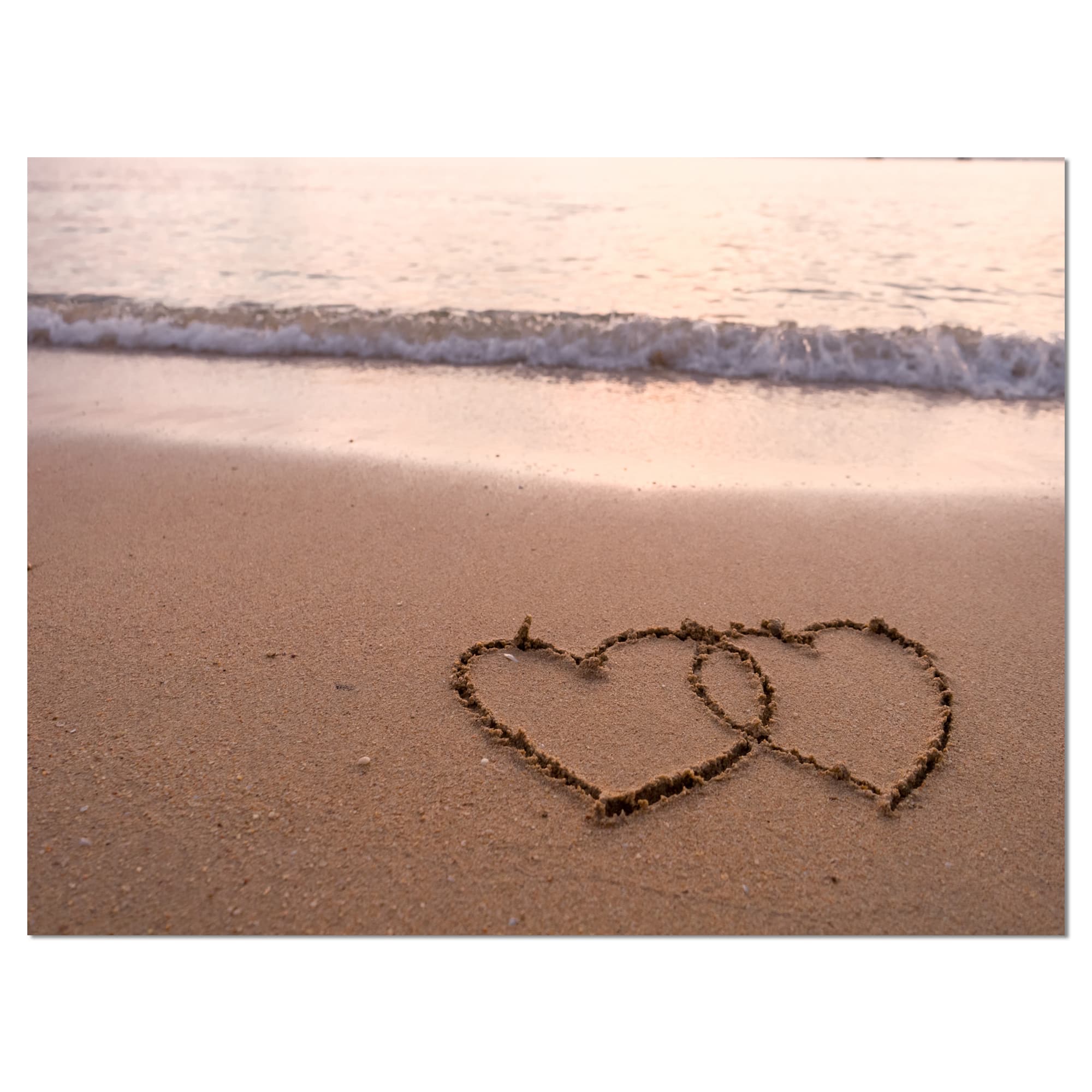 Designart - Two Hearts Drawn on the Beach - Extra Large Seascape Art Canvas
