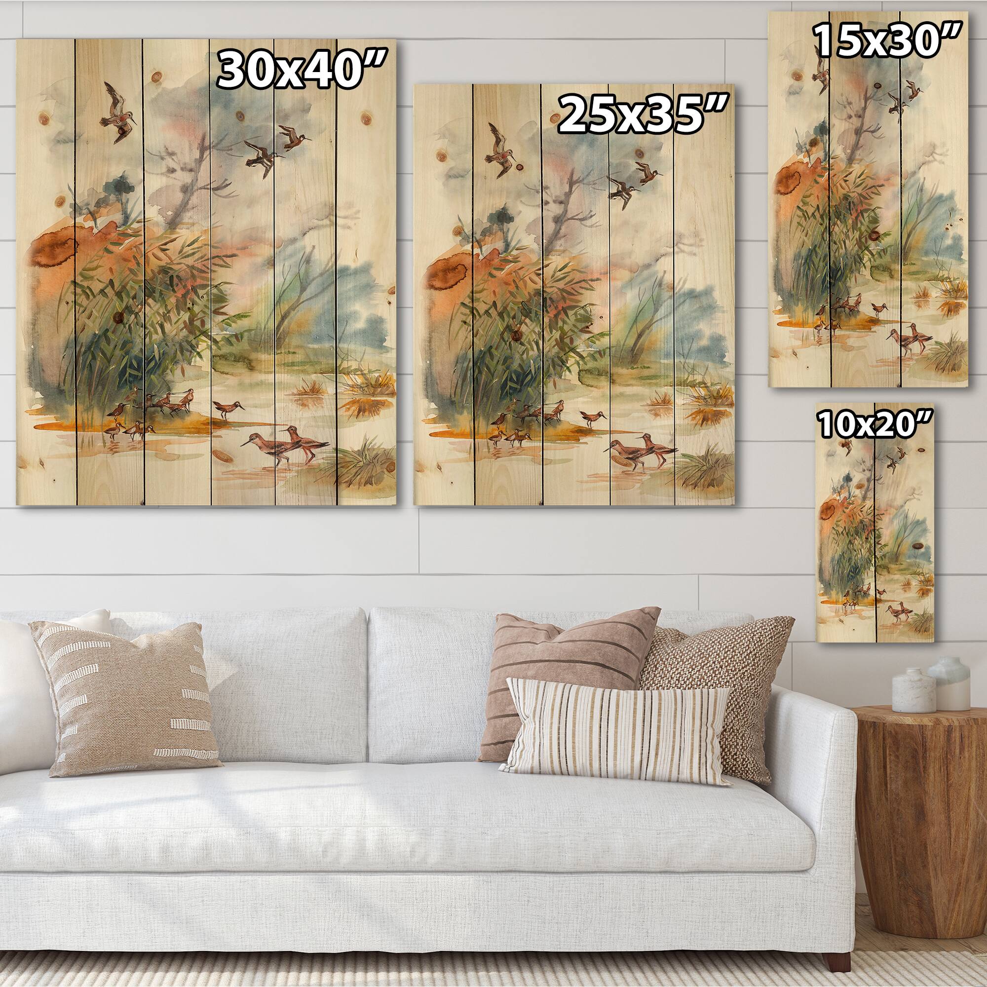 Designart - Autumn Landscape With Flying Over The Water - Traditional Print on Natural Pine Wood
