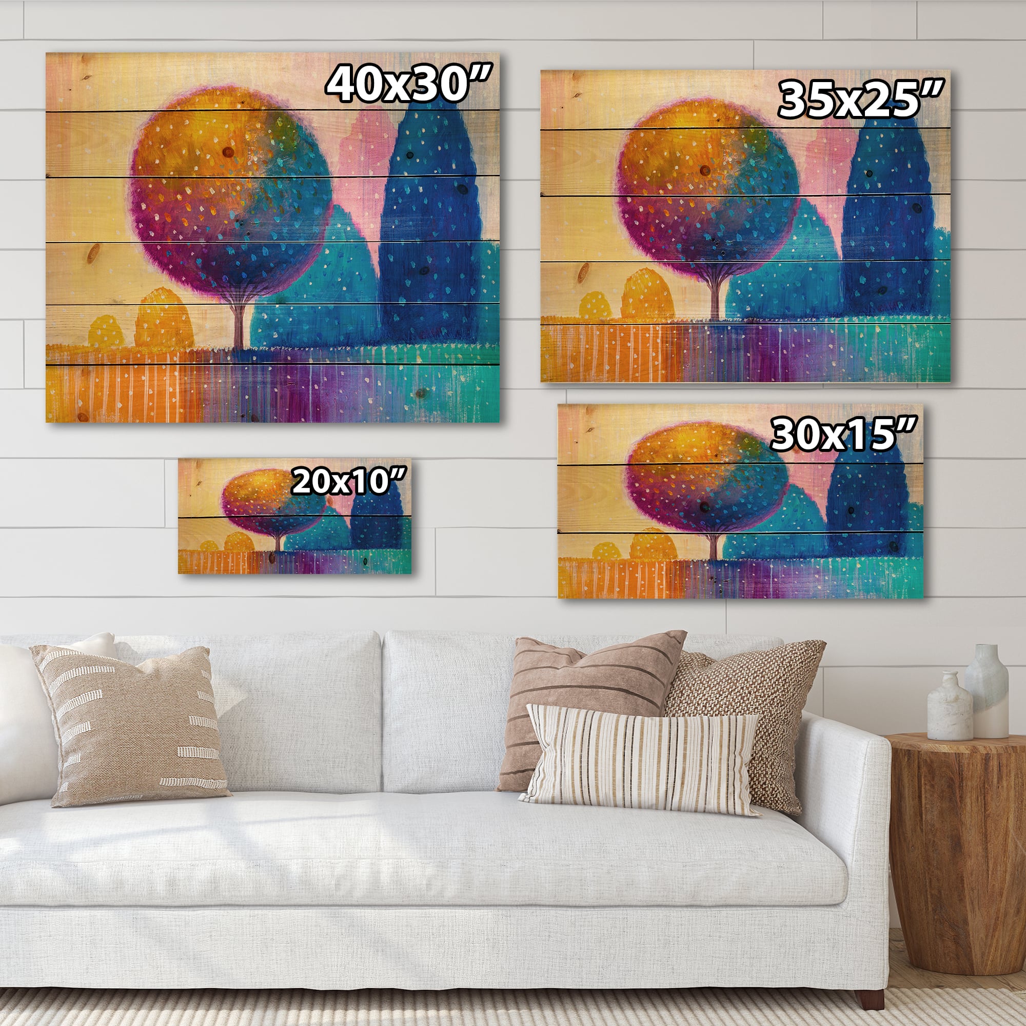 Designart - Colourful Ornamental Trees X - Modern Print on Natural Pine Wood