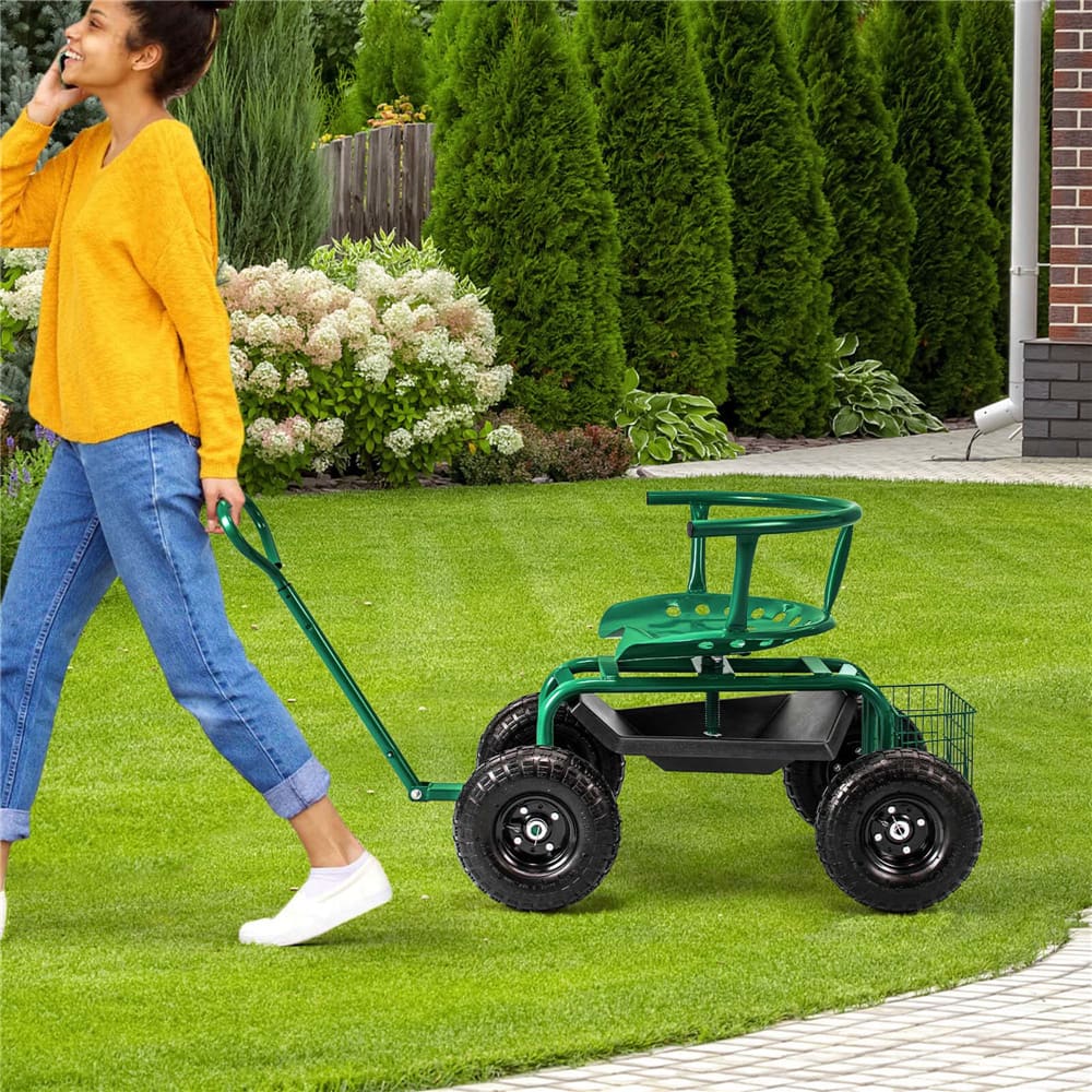 Costway Height-Adjustable Rolling Garden Cart Scooter with Swivel Seat, Tool Tray & Storage Basket