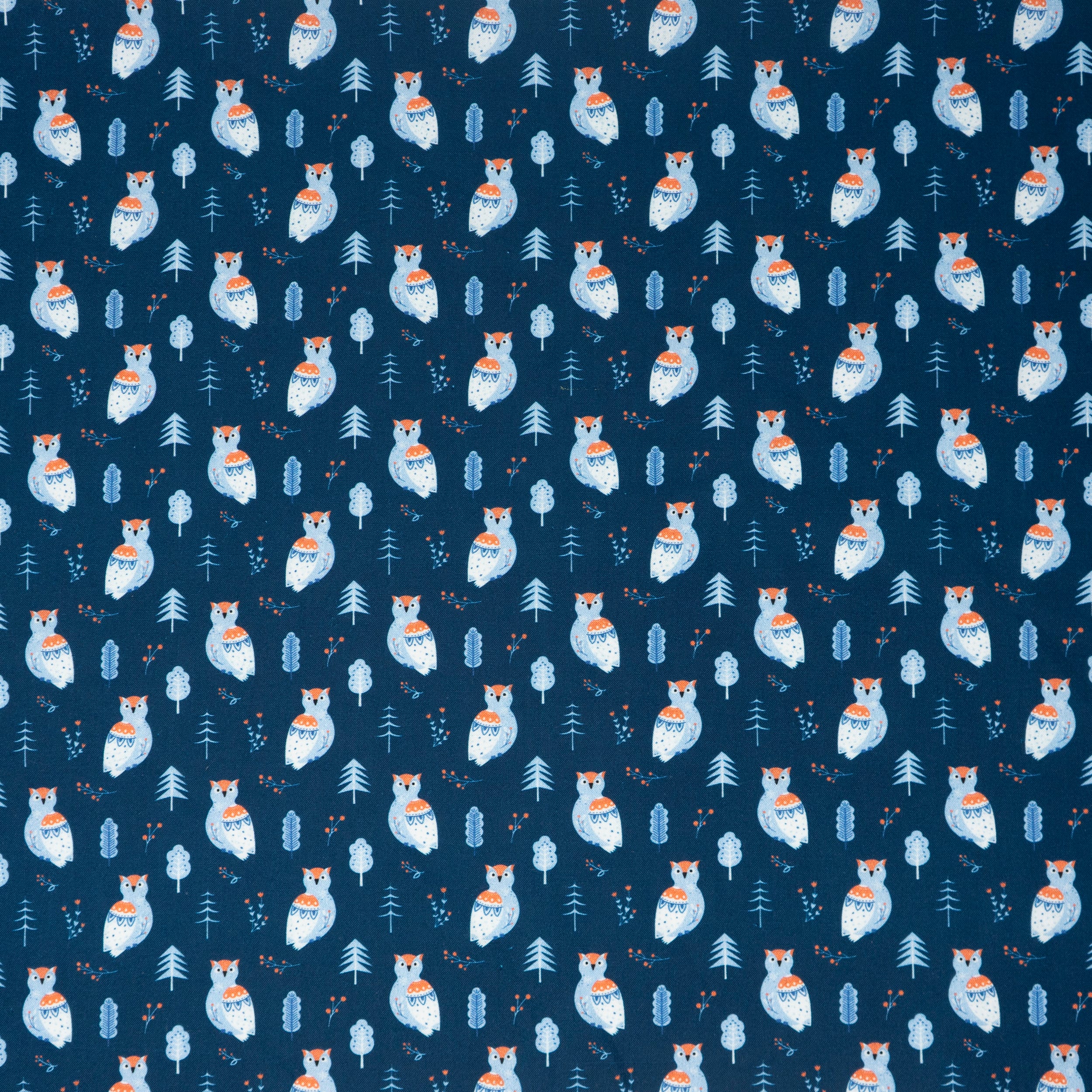 Singer Navy Modern Scandinavian Christmas Owl Printed Cotton Fabric