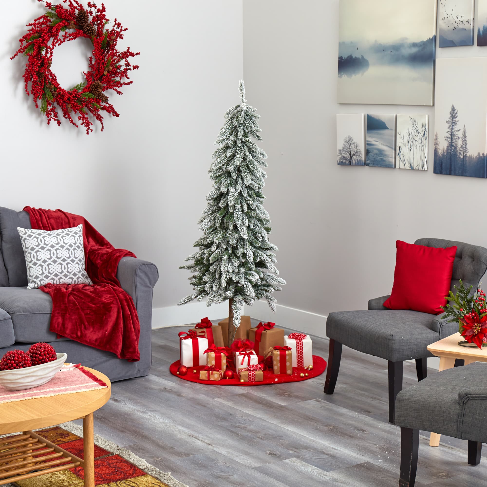 5.5ft. Pre-Lit Flocked Washington Alpine Artificial Christmas Tree, Warm White LED Lights