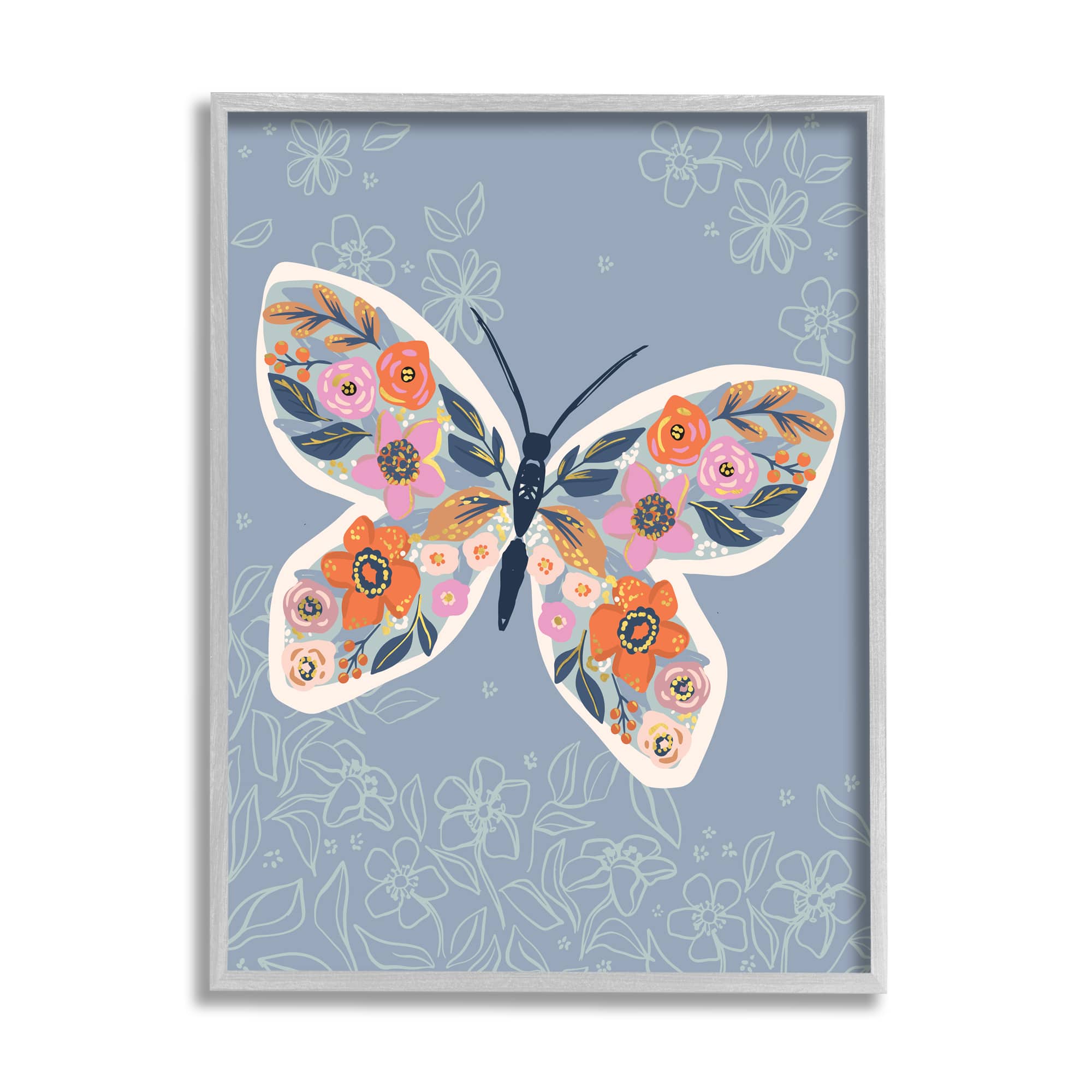 Stupell Industries Floral Pattern Butterfly Wings Spring Bloom Insect in Gray Frame Wall Art