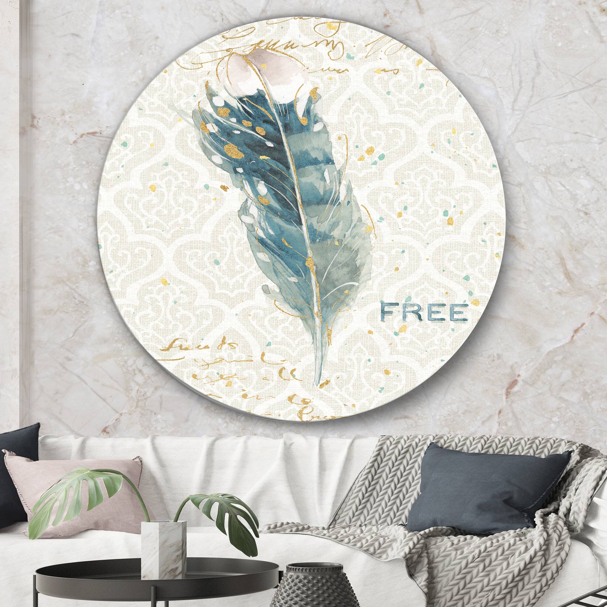 Designart - Damask Painted Gilded Feather on Blue